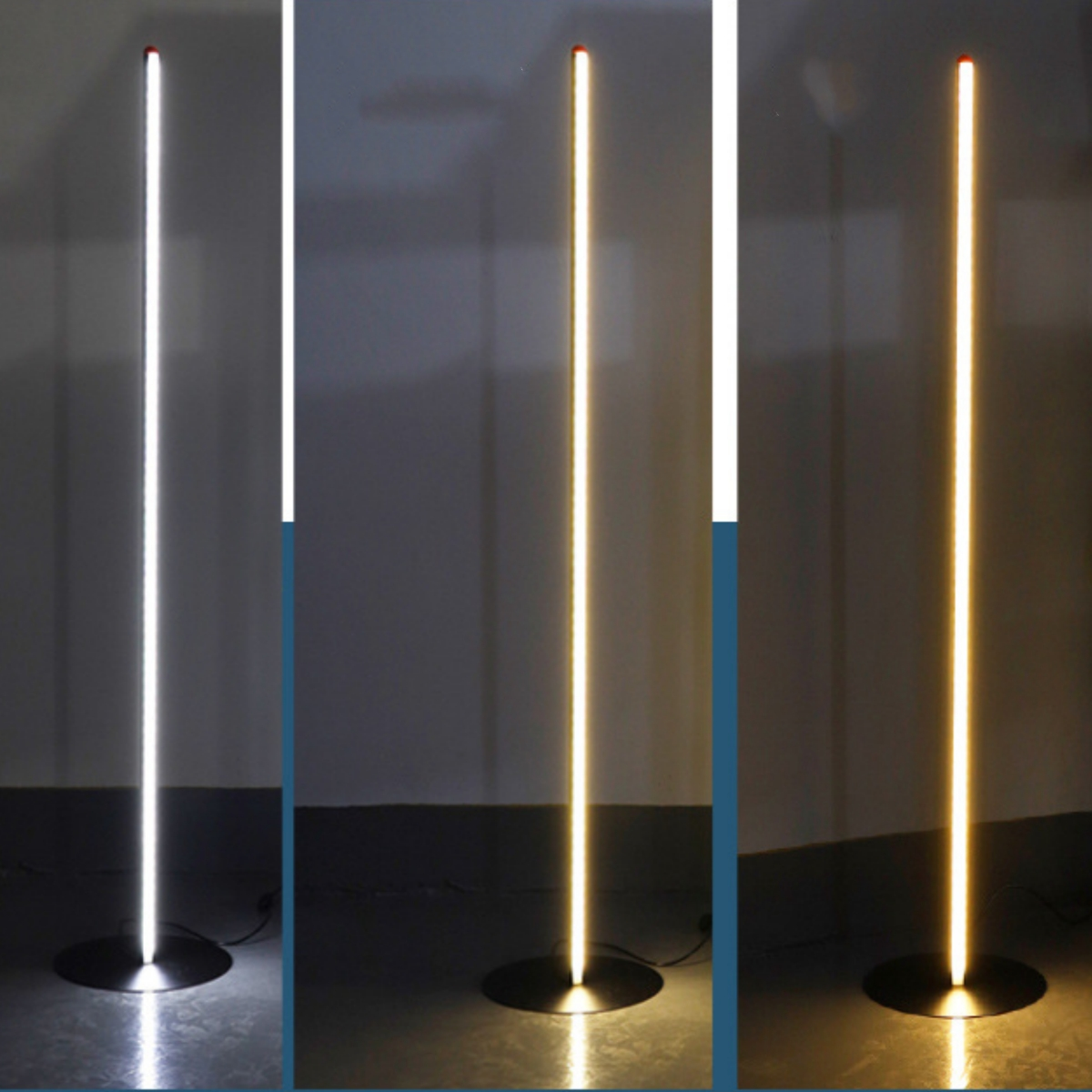 Drei Stehlampen mit unterschiedlichen Farbtemperaturen, schwarze Sockel.