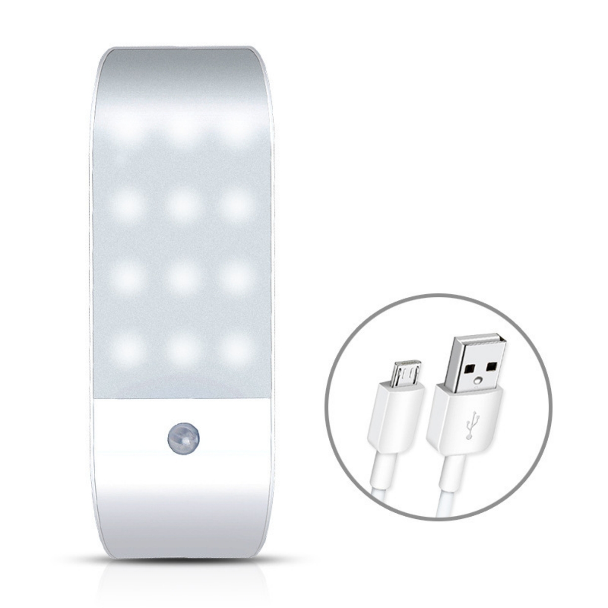 Weißes und silbernes Nachtlicht mit USB-Kabel. Das Licht hat einen Bewegungssensor.