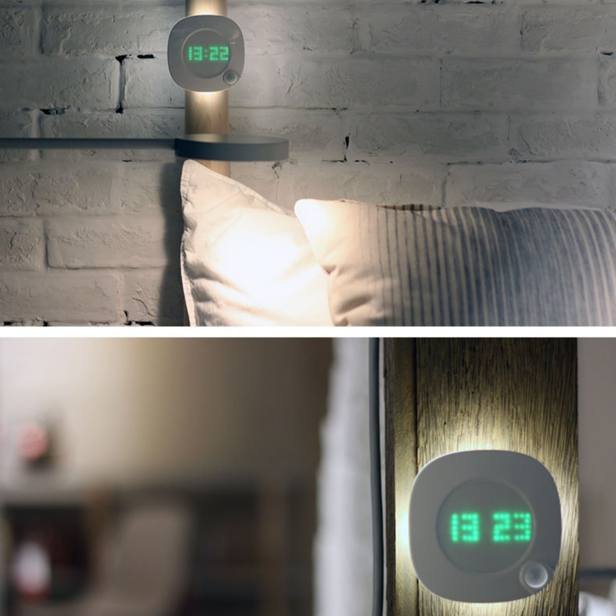 Zwei Fotos: eine Digitaluhr an einer Backsteinmauer und eine Nahaufnahme einer ähnlichen Uhr.