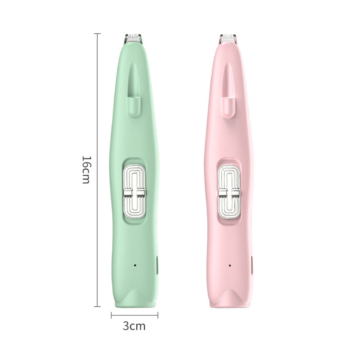 Zwei elektrische Bartschneider, grün und pink, mit Maßen.