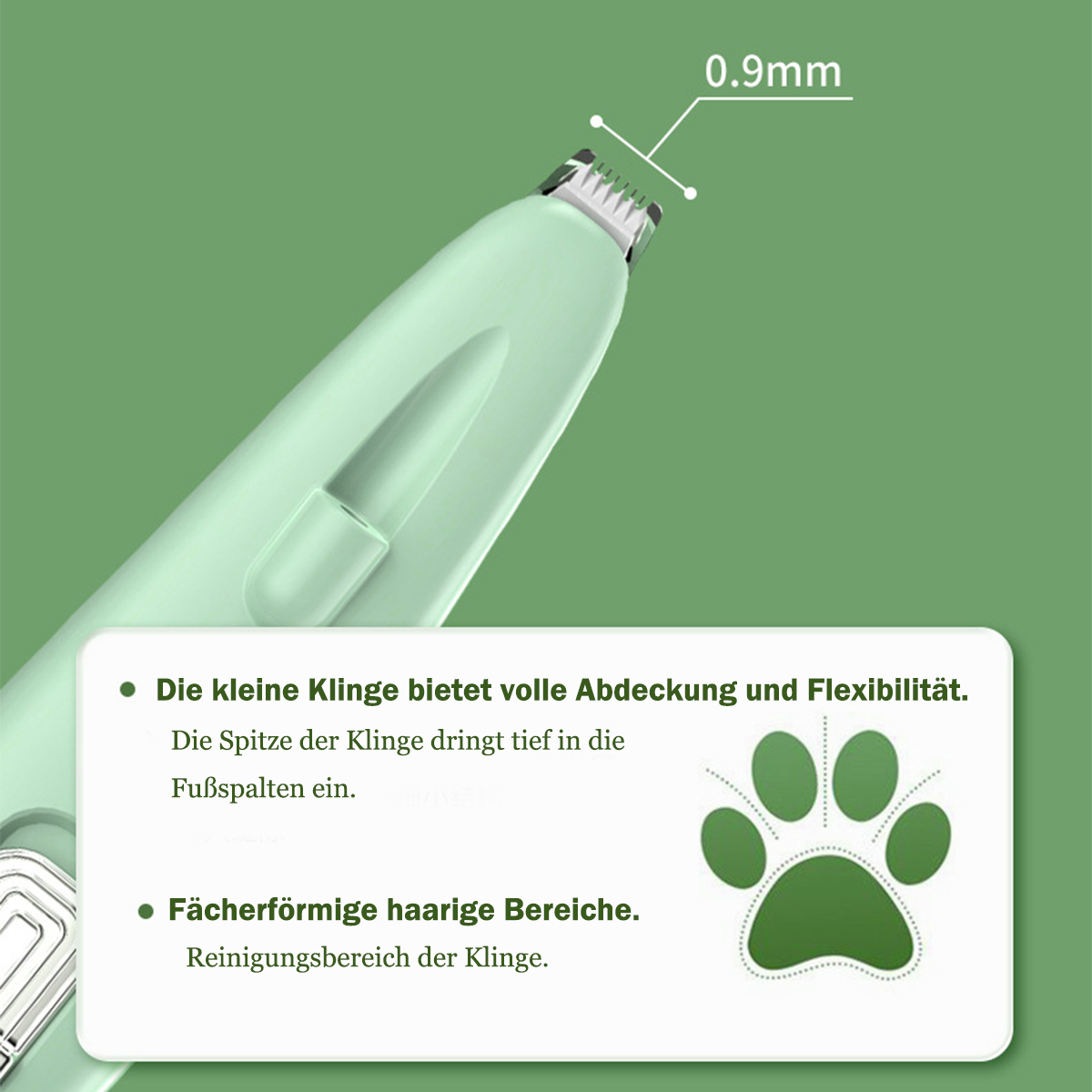 Nahaufnahme eines Grooming-Tools mit grünem Griff. Text beschreibt Klingenabdeckung und Flexibilität.