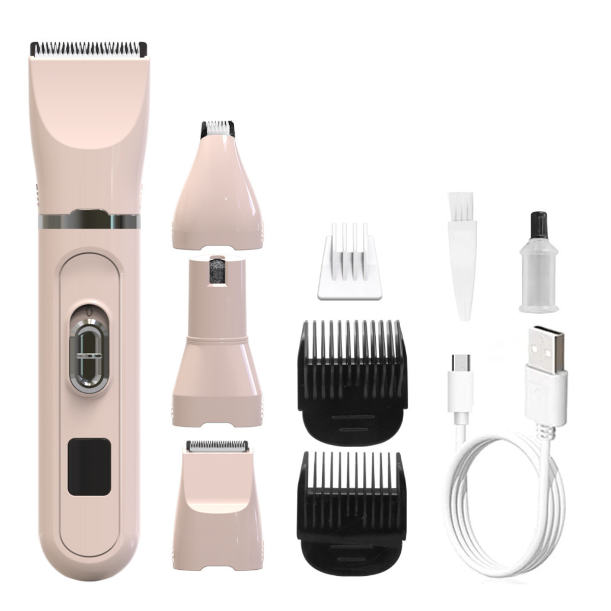 Haarschneider-Set mit mehreren Aufsätzen, einschließlich Nasenhaartrimmer. Weißer Hintergrund.