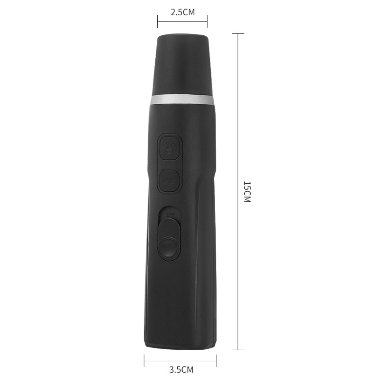 Ein schwarzes Gerät mit Knöpfen und Maßen. Das Gerät ist 15 cm lang und 3,5 cm breit. Es hat einen Aus-Schalter.