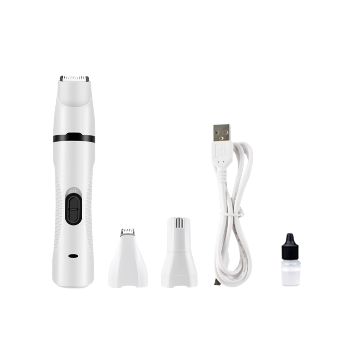 Weißes Haarschneidegerät-Set mit Zubehör. Enthält Clipper, Aufsätze, USB-Kabel und Öl. Weißer Hintergrund.