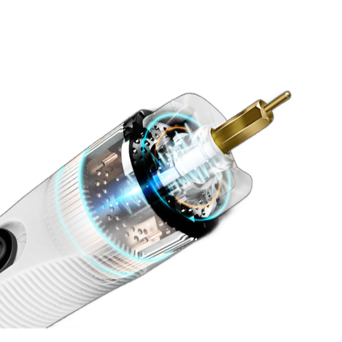 Nahaufnahme des Innenmechanismus eines Elektrorasierers mit hellem blauen Licht.