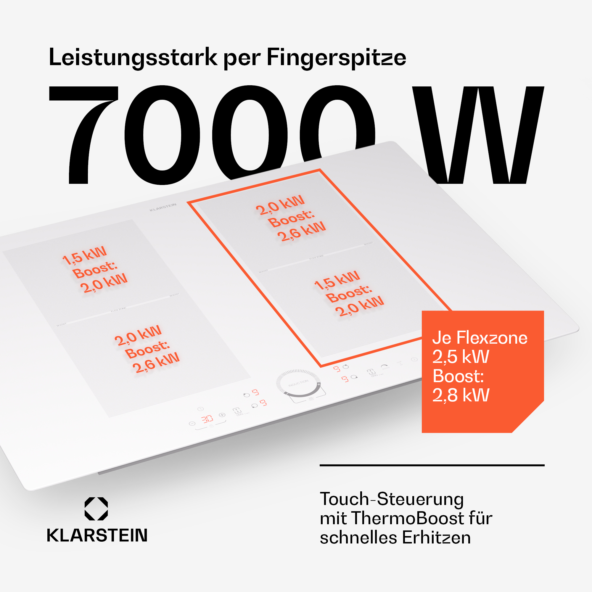 Una placa de inducción blanca con texto: "7000 W" y "Touch-Steuerung". Varias zonas de cocción son visibles.