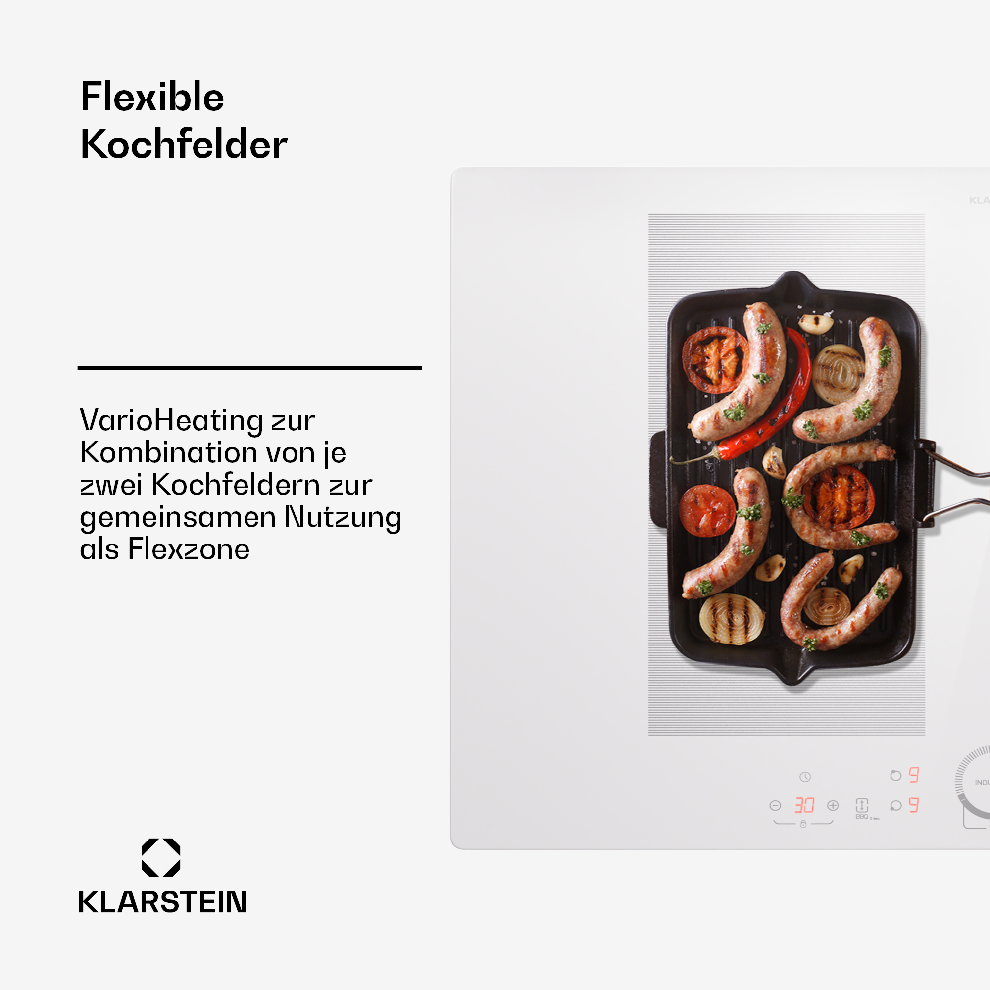 Placa negra con salchichas, tomates y cebollas a la parrilla. Texto: Flexible Kochfelder. Logo de Klarstein.