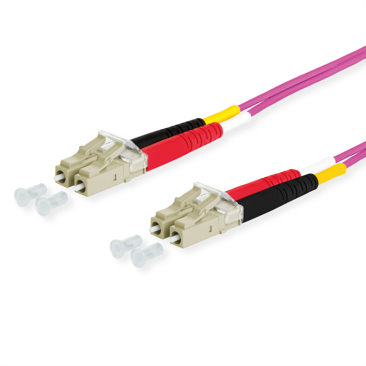 Twee glasvezelkabels met connectoren en stofkappen op een witte ondergrond.