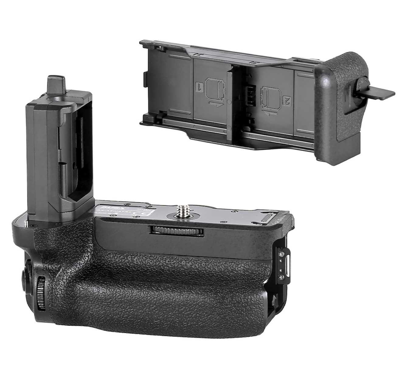 Kameragriff, mit einem Steckplatz für eine Batterie und einem separaten, zusätzlichen Batteriefach.