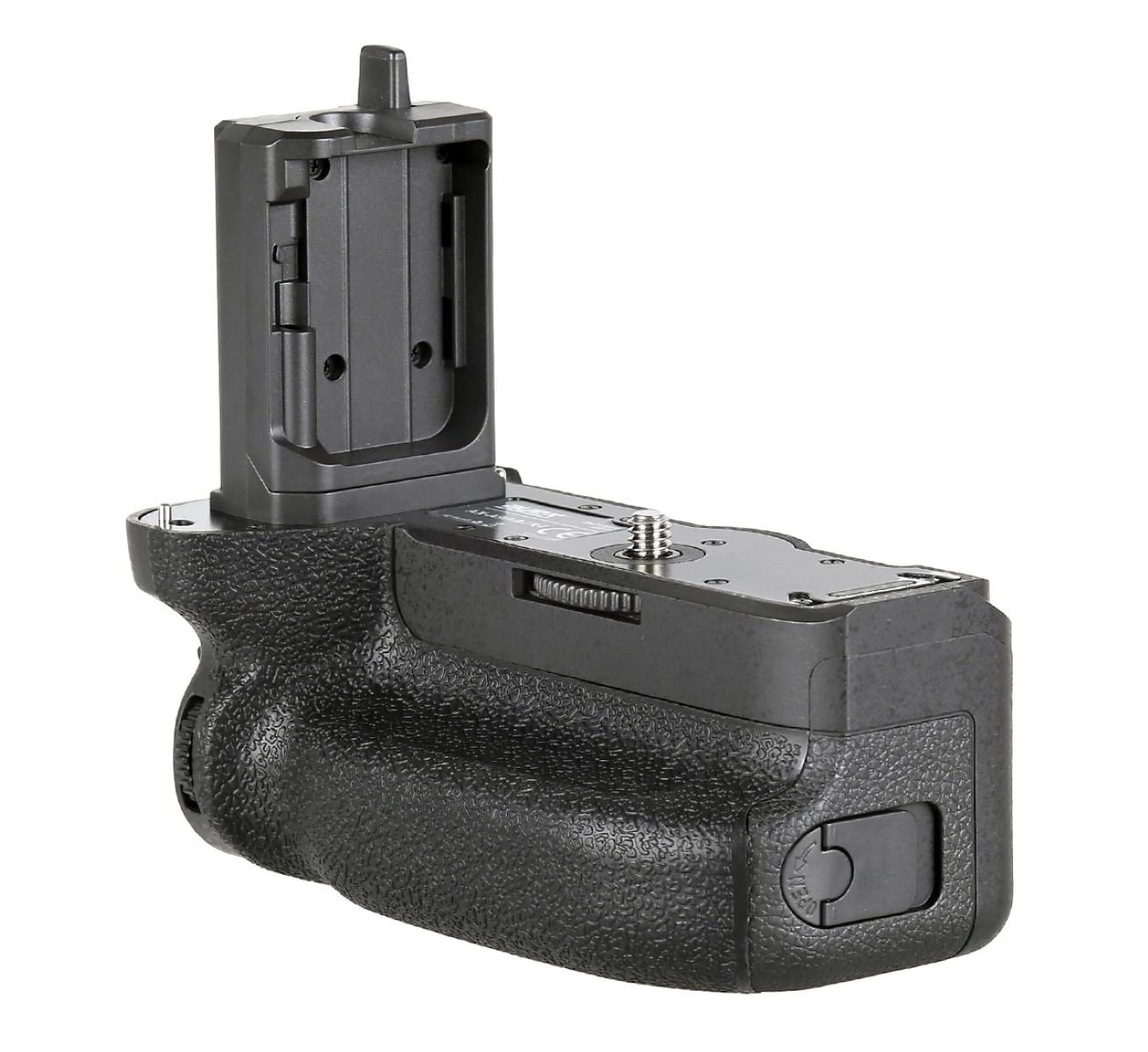 Schwarzer Kamerabatteriegriff. Hat einen Griff, einen Batterieschacht und einen Befestigungspunkt. Weißer Hintergrund.