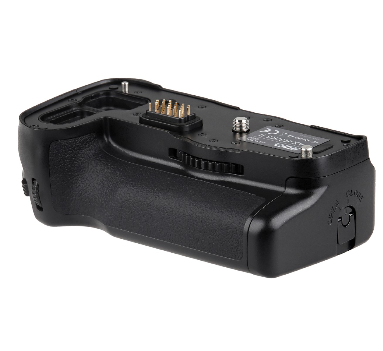 Schwarzer Kamera-Batteriegriff mit verschiedenen Anschlüssen und Funktionen für die Fotografie.
