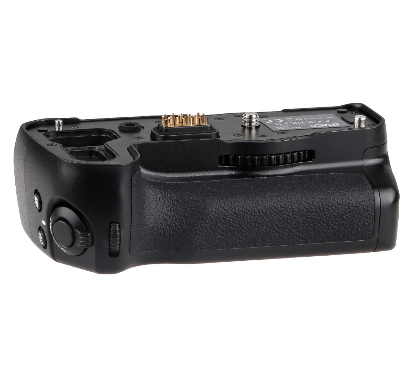 Ein schwarzer Batteriegriff für eine Kamera. Er hat Knöpfe und ein Rad an der Seite.
