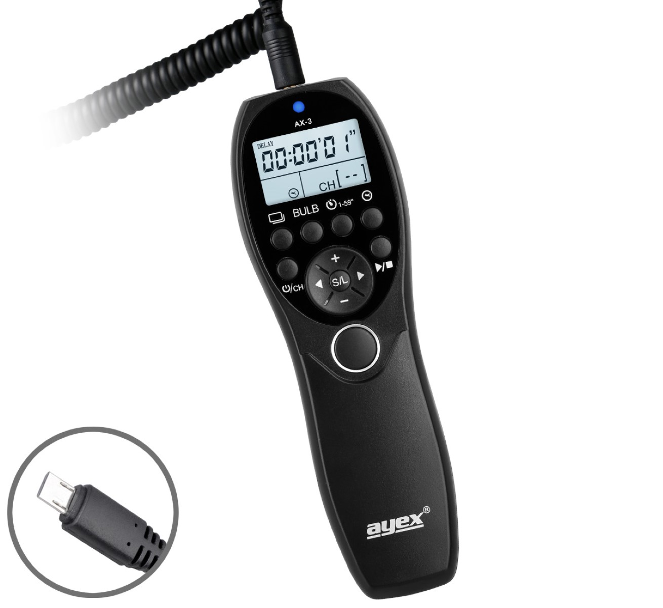 Schwarze Fernbedienung mit Bildschirm und Knöpfen, mit Kabel und USB-Anschluss.