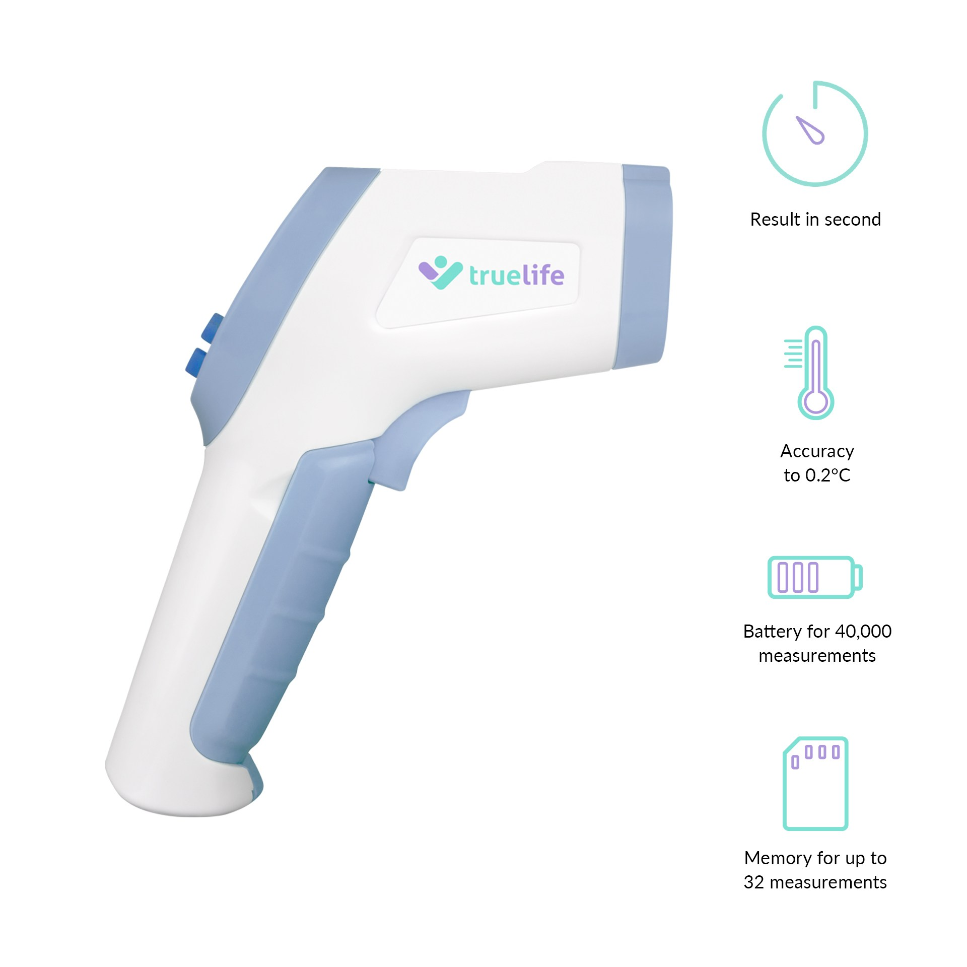 Weißes und blaues digitales Thermometer mit Symbolen für Ergebnisse, Genauigkeit und Batterie.