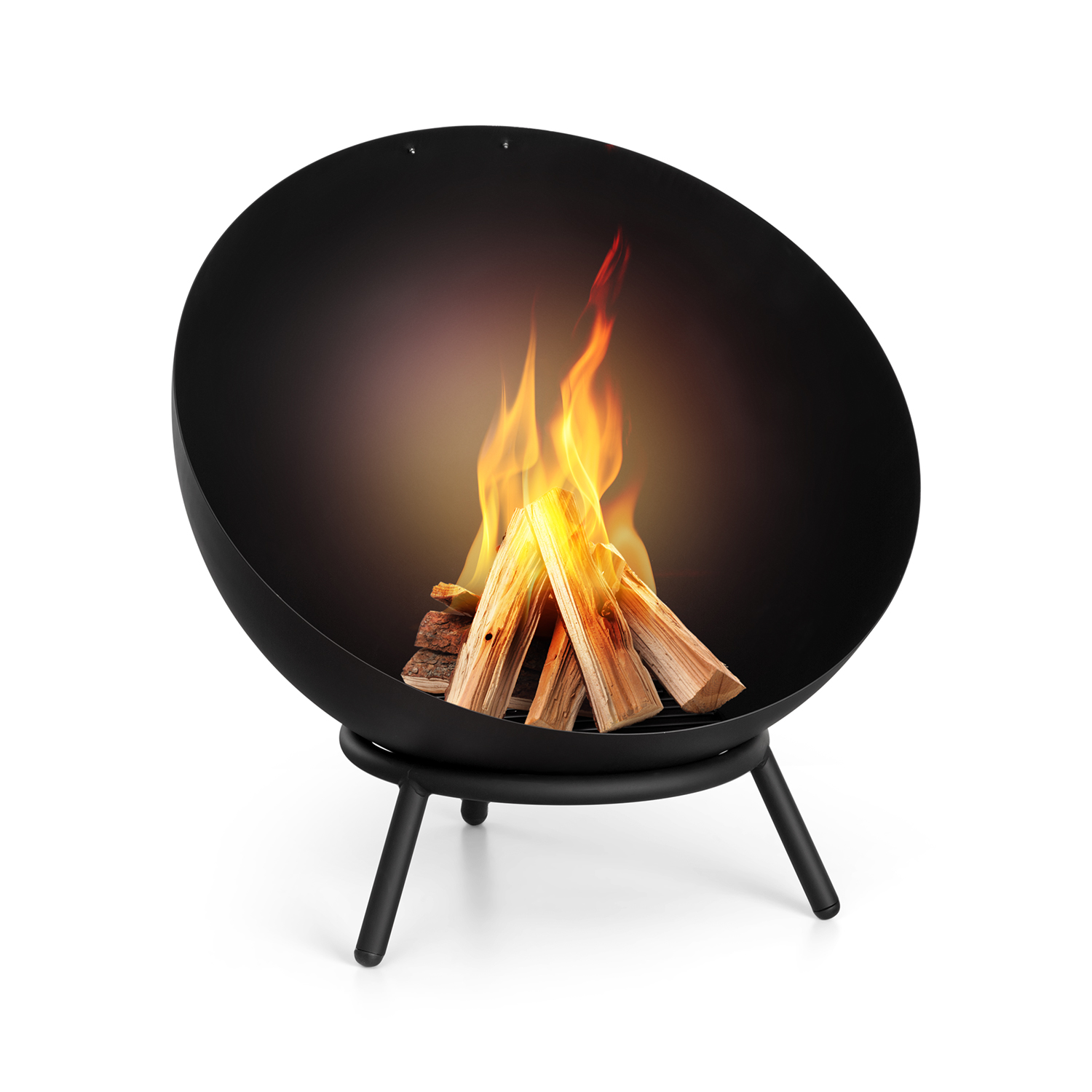 Schwarze Feuerstelle mit brennendem Holz. Flammen sind orange und gelb. Einfaches Design.