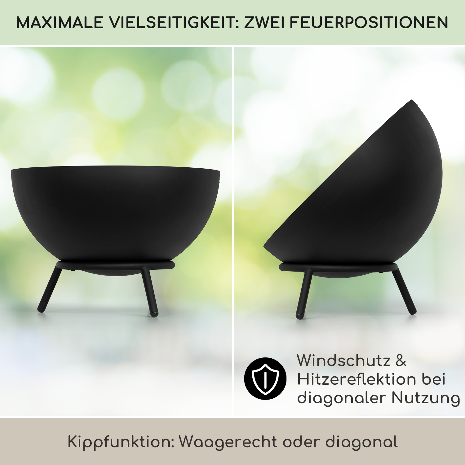 Schwarze Metall-Feuerstelle mit zwei verschiedenen Positionen, vor verschwommenem grünem Hintergrund.