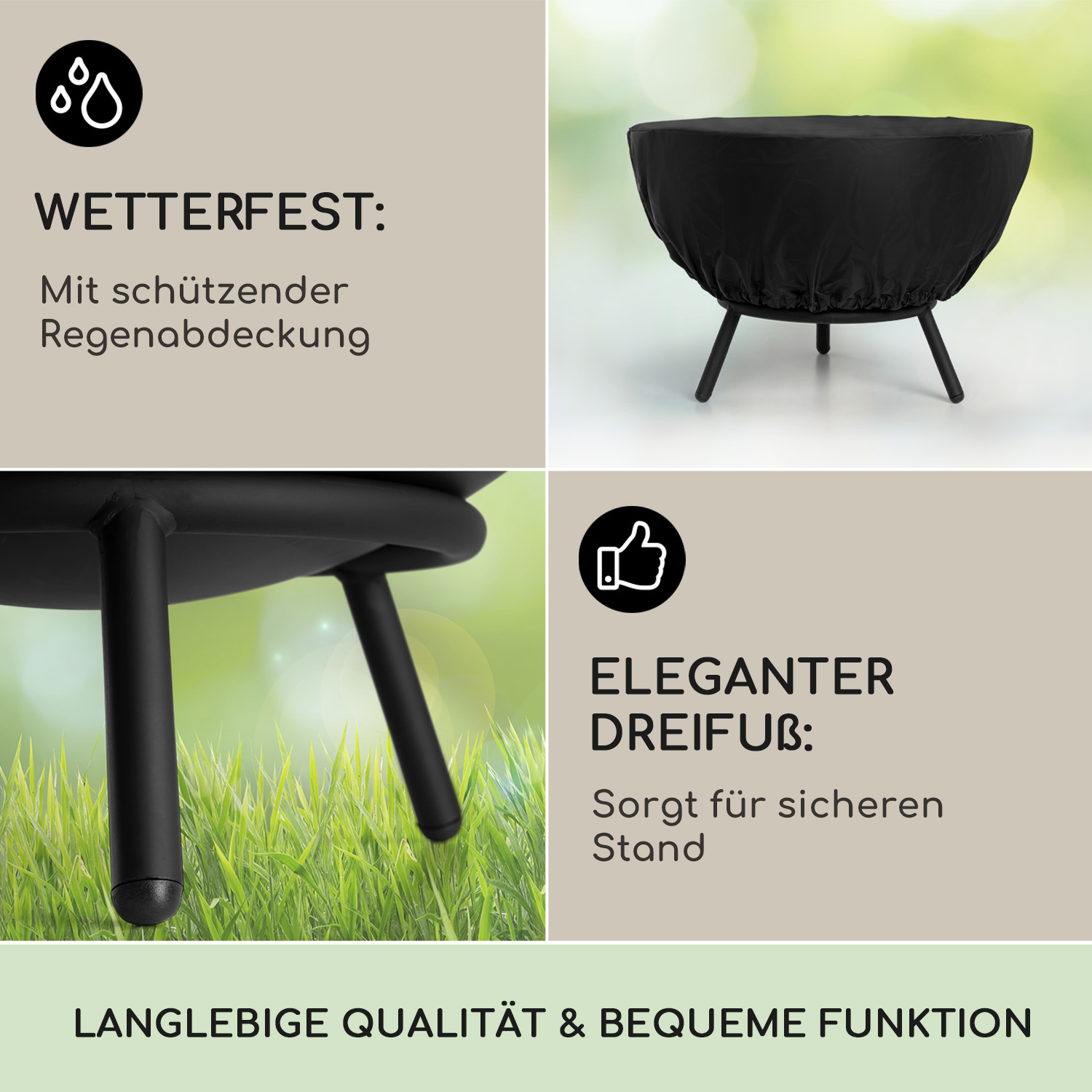 Schwarze Feuerstelle mit Abdeckung auf Gras; Text über Wetterfestigkeit.