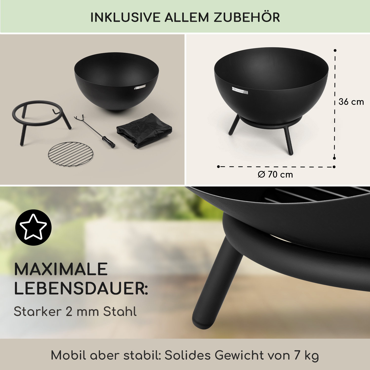 Schwarze Feuerstelle mit Zubehör. Inklusive Ständer, Rost und Abdeckung. Text zeigt robusten 2 mm Stahl.