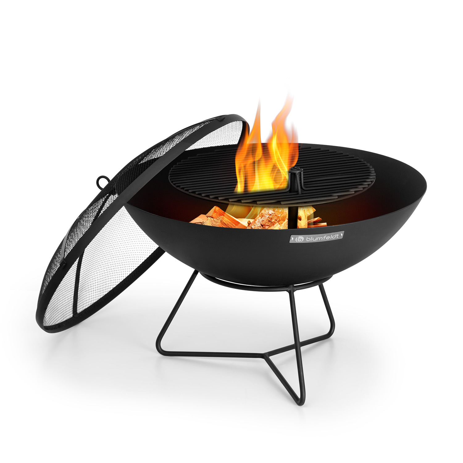 Schwarze Feuerstelle mit Flammen, Grill und Netzdeckel. Steht auf einem schwarzen Metallständer.