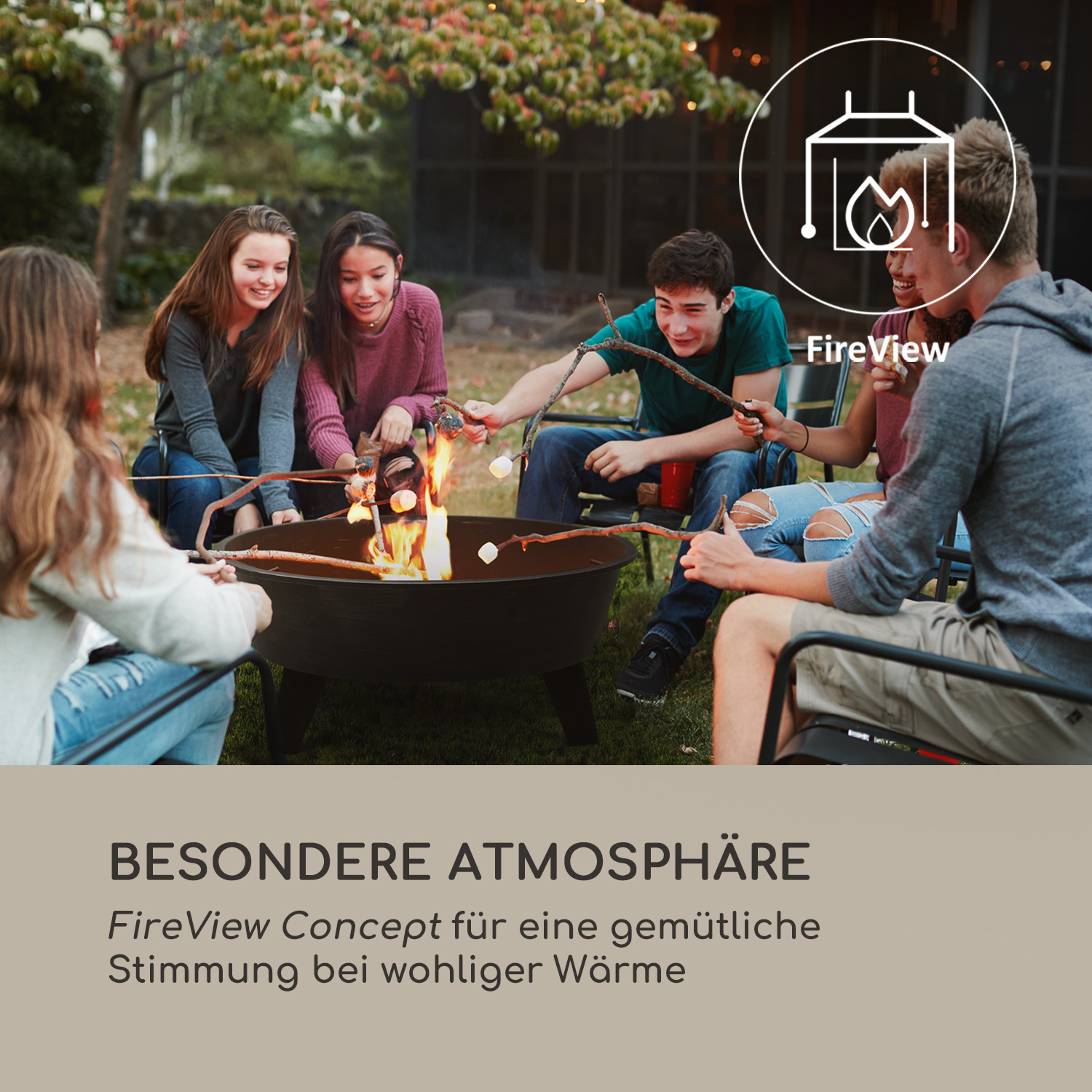 Eine Gruppe von Leuten um eine Feuerstelle, die Marshmallows rösten. Text sagt 'FireView Concept' auf Deutsch.