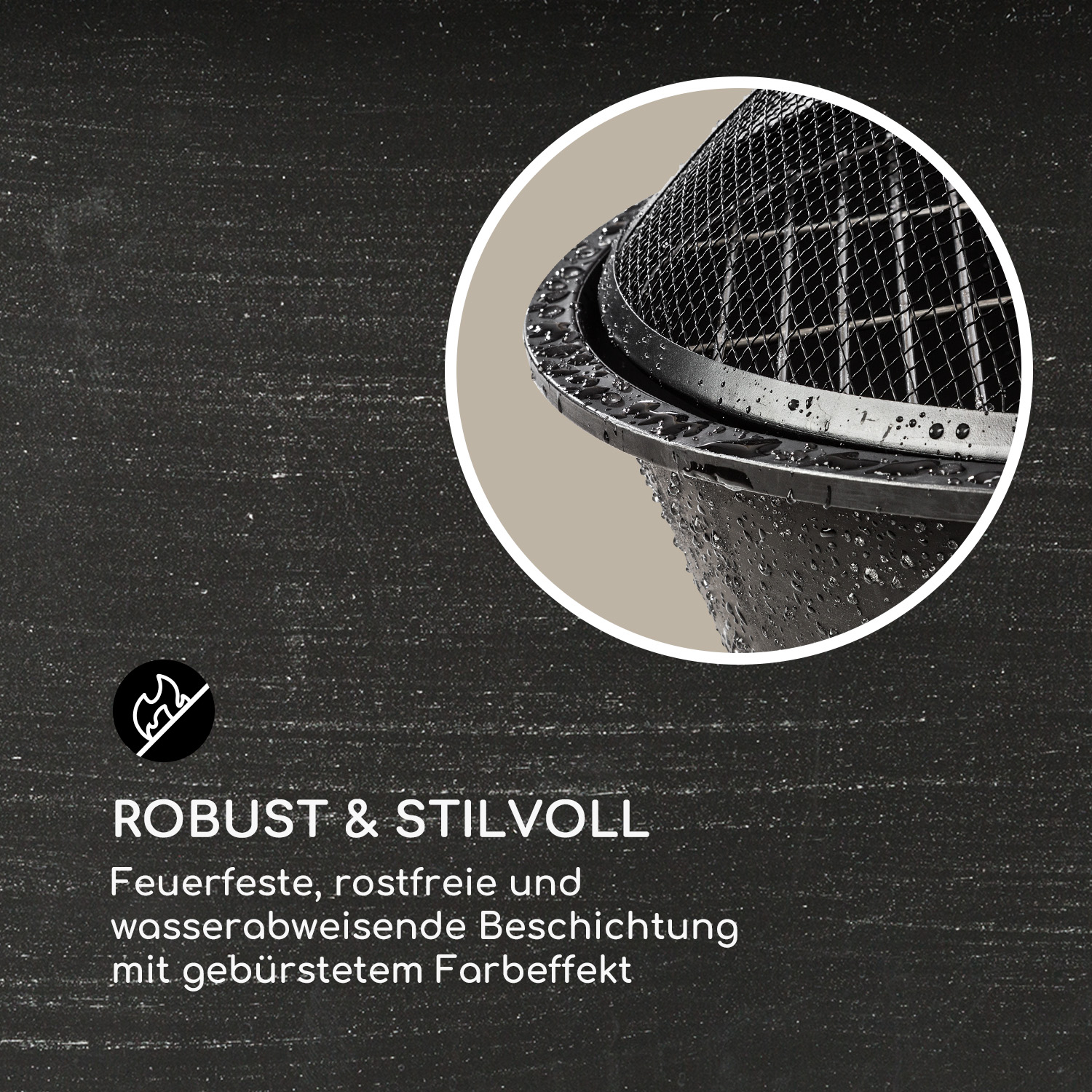 Nahaufnahme einer Feuerstelle mit Text: robust und stilvoll.