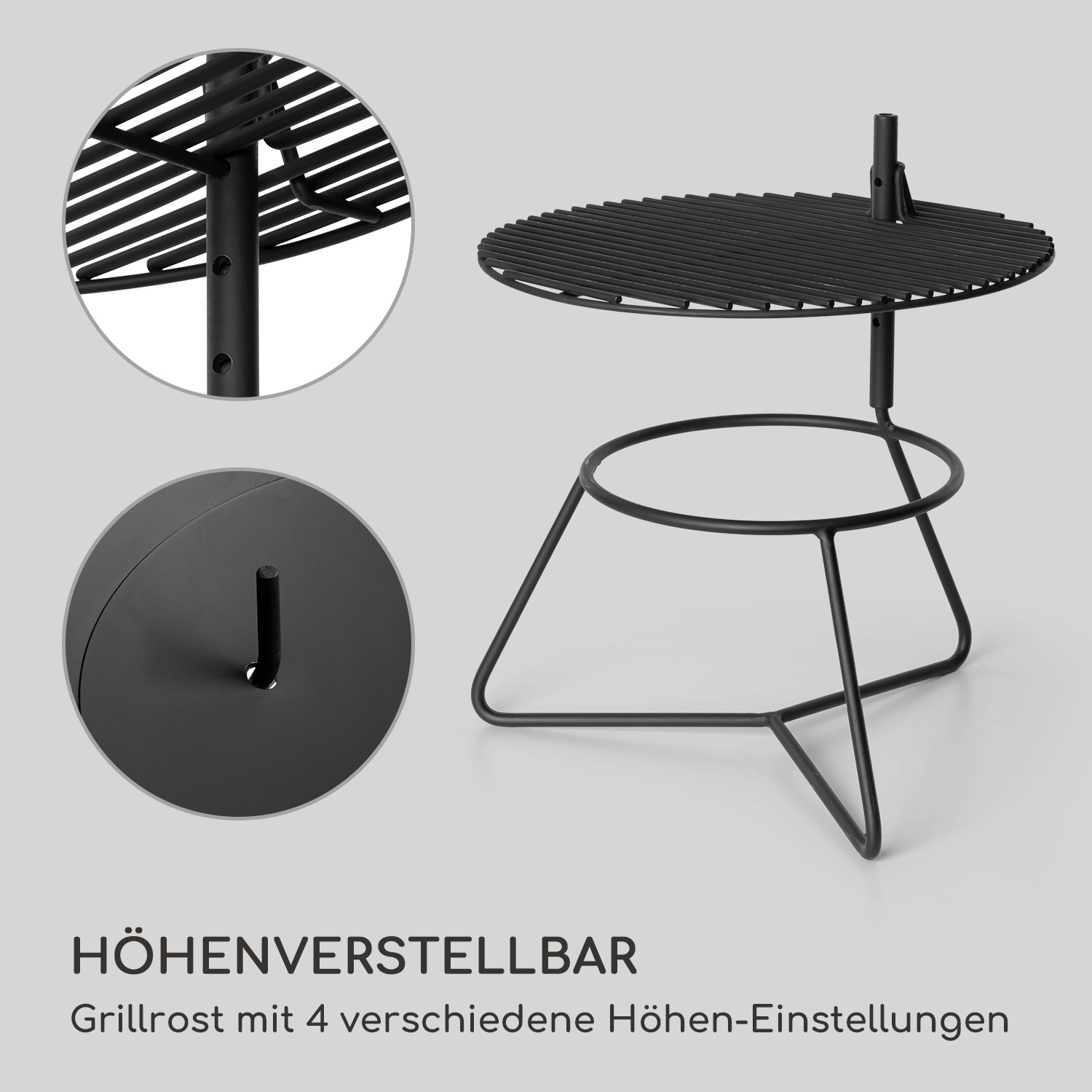 Schwarzer Grill mit Höheneinstellungen. Er hat eine kreisförmige Form und einen Ständer.