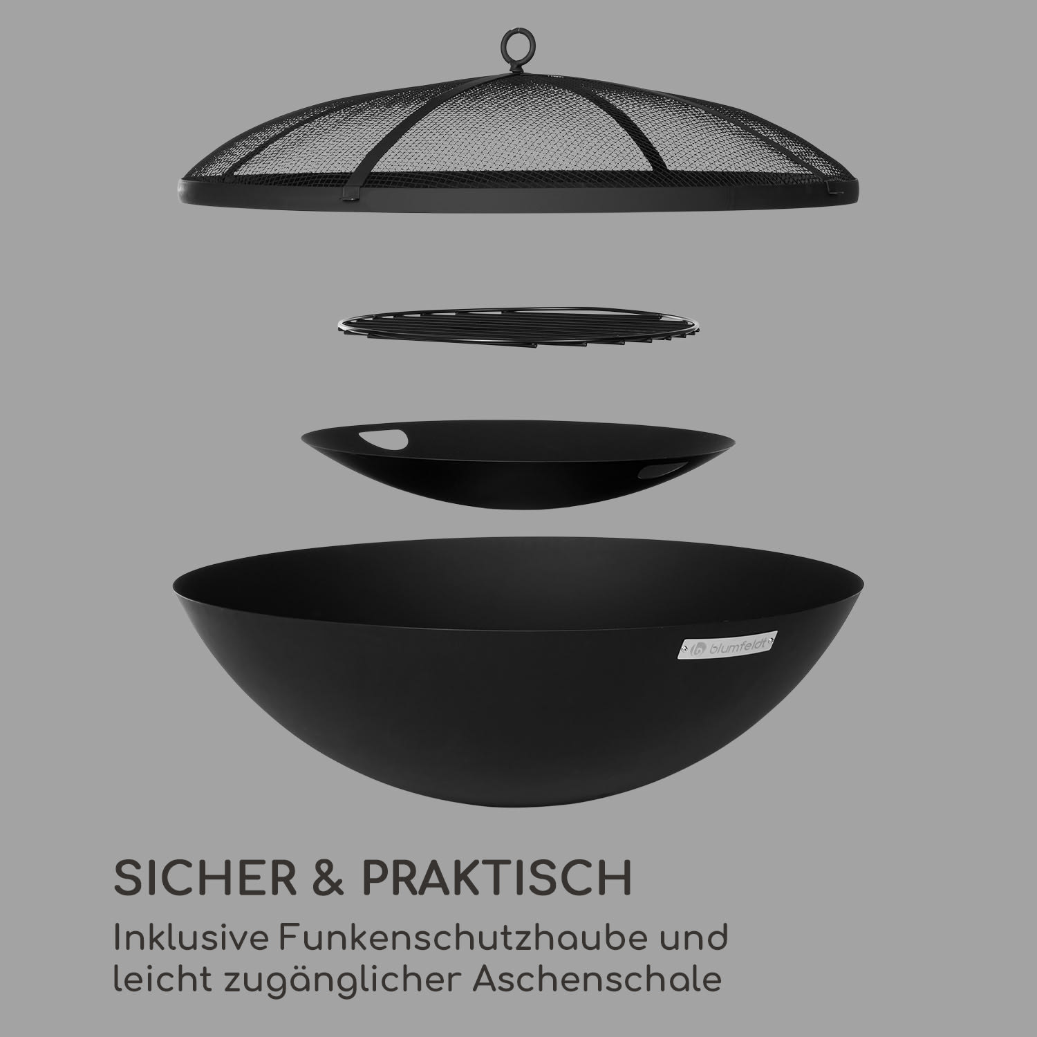 Schwarze Feuerstellen-Komponenten: Netzabdeckung, Rost und Schüssel.