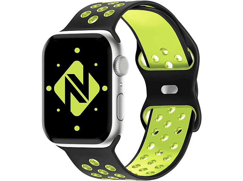 Gelb NALIA Smart-Watch Apple Airflow Ersatzarmband, Silikon 42mm/44mm/45mm/49mm, Armband, Schwarz Apple, Watch