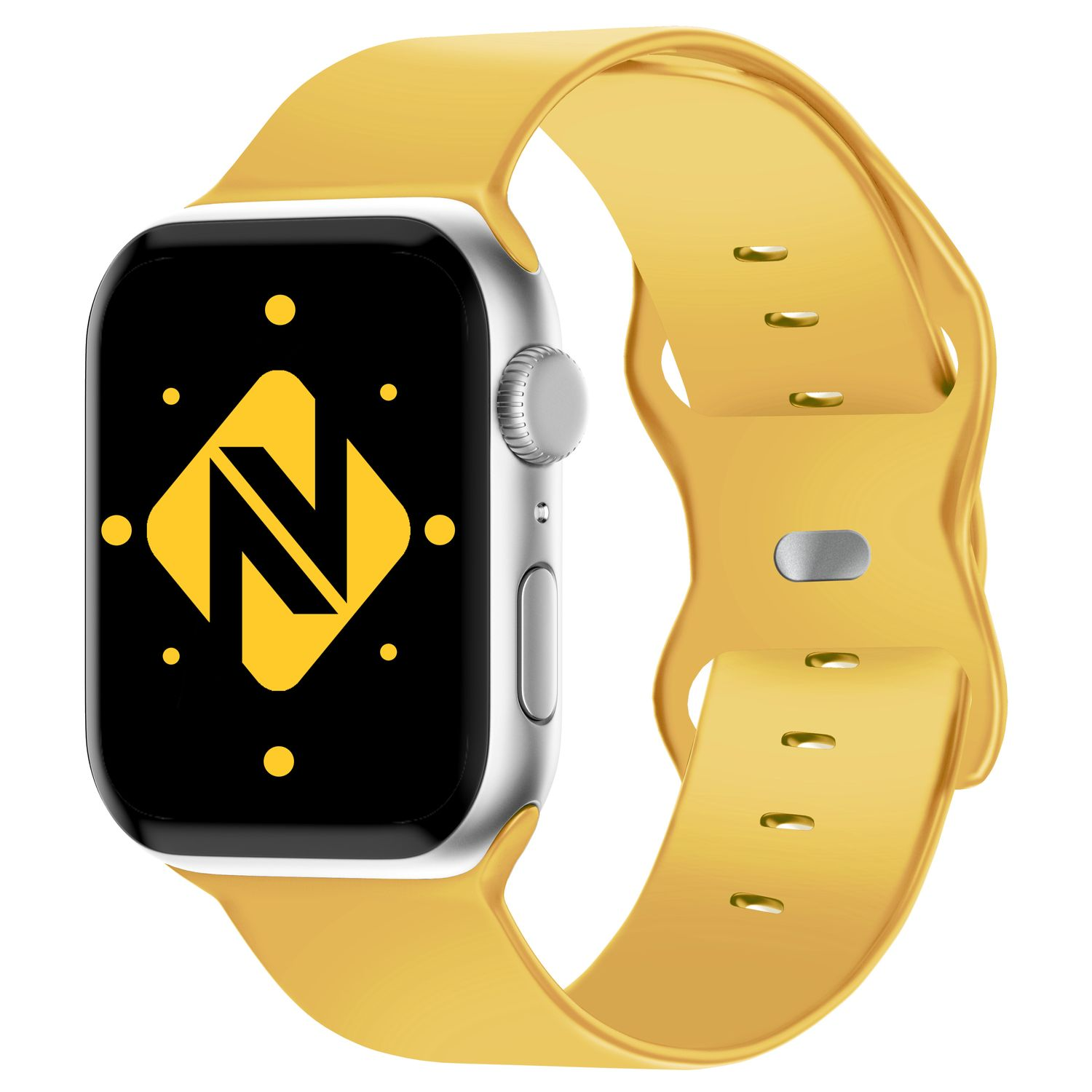 Silberne Smartwatch mit gelbem Armband. Der Bildschirm zeigt ein gelbes 'N'-Logo auf schwarzem Grund.