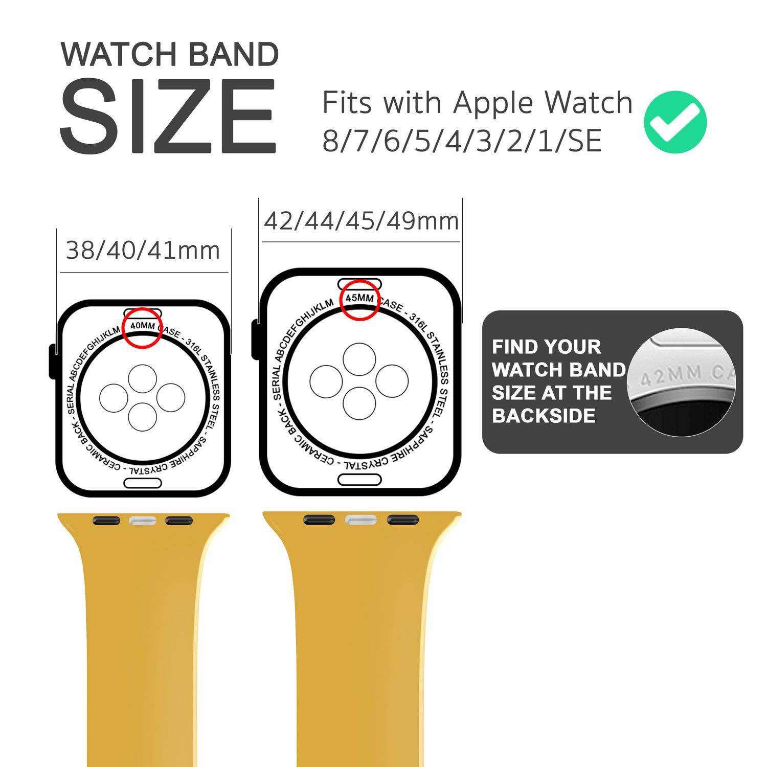 Diagramm, das die Größen der Apple Watch-Armbänder zeigt. Es zeigt die Größen 38/40/41mm und 42/44/45/49mm.