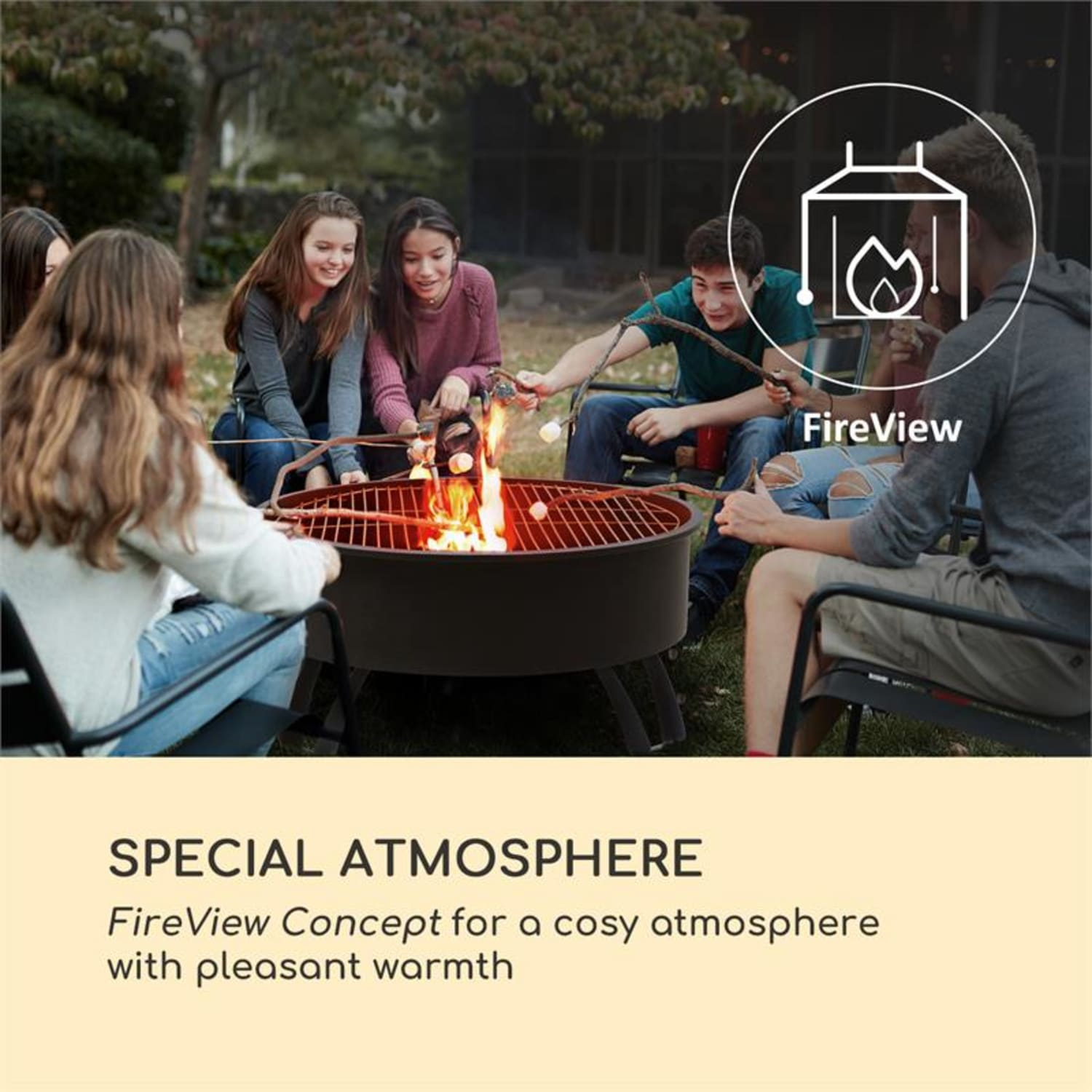 Gruppe von Leuten um eine Feuerstelle. Text: FireView-Konzept für eine gemütliche Atmosphäre.