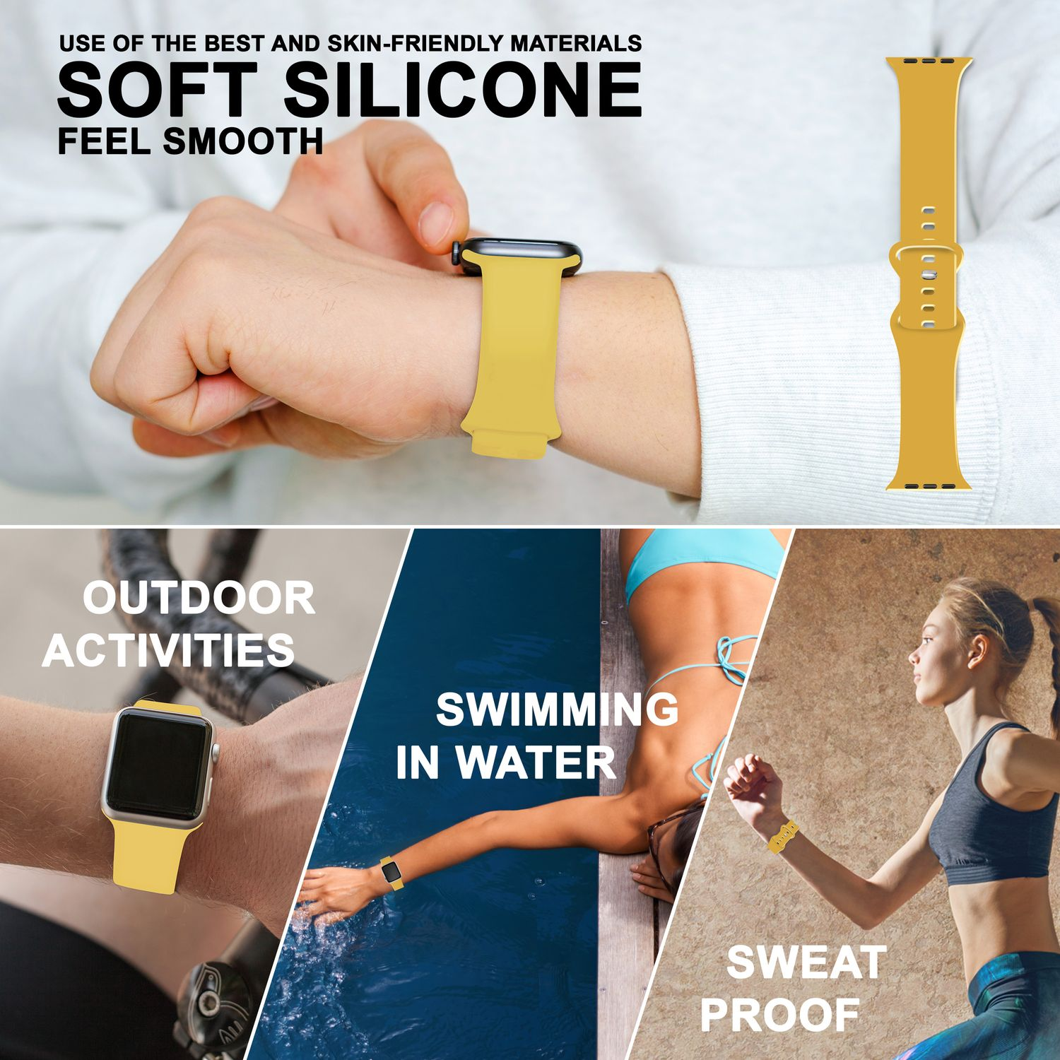 Gelbes Silikon-Uhrenarmband mit Text: Weiches Silikon. Das Armband wird für Outdoor-Aktivitäten und Schwimmen verwendet.