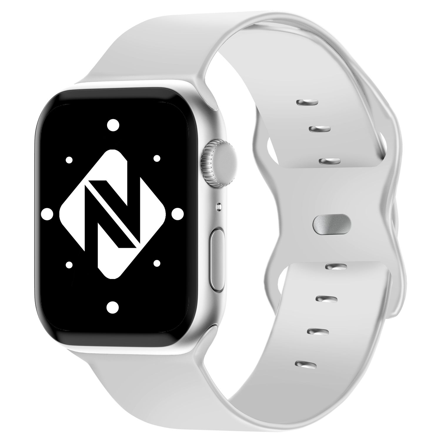 Silberne Smartwatch mit weißem Band, zeigt Logo auf dem Bildschirm.