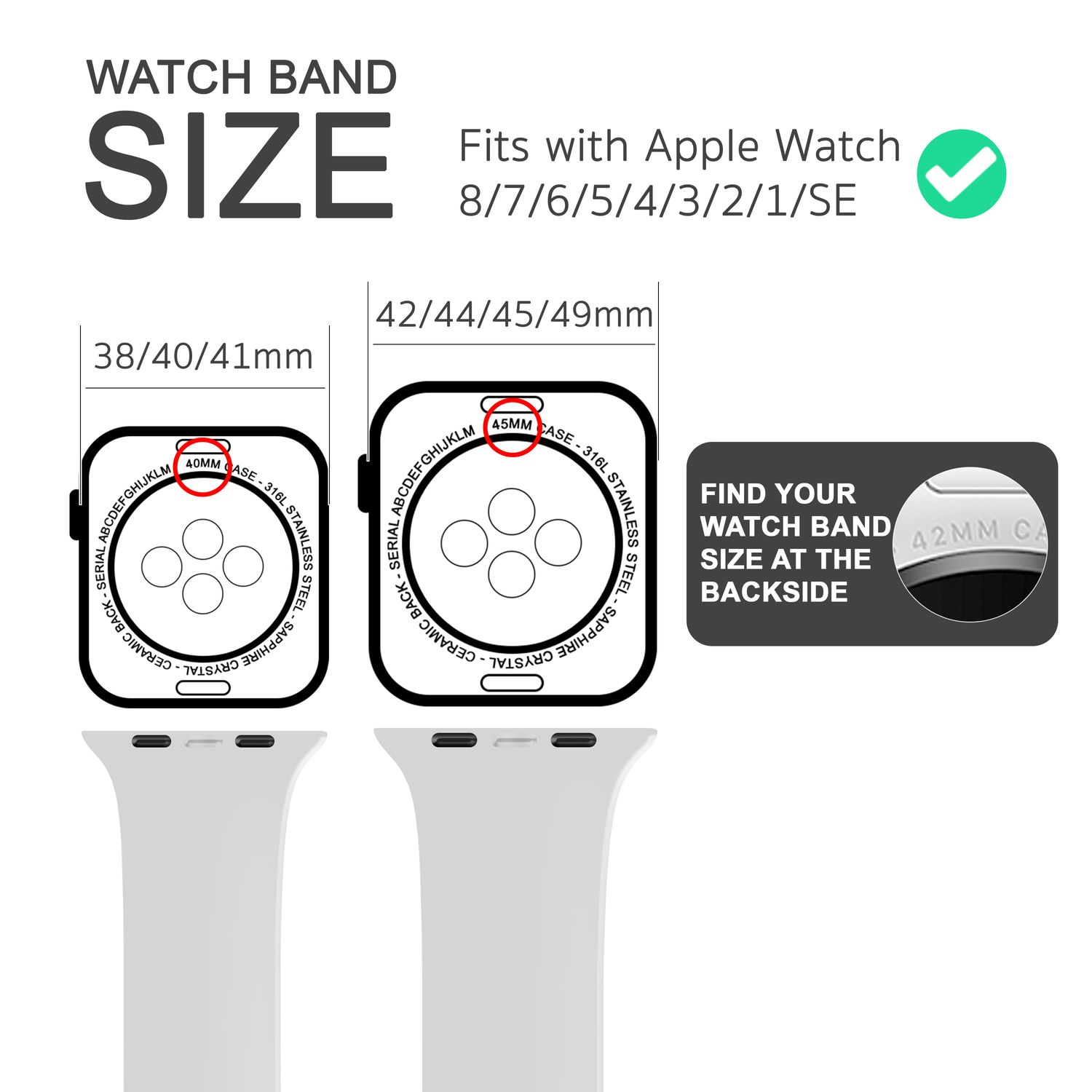 Diagramm der Uhrenarmbandgrößen, zeigt 38/40/41mm und 42/44/45/49mm Größen.