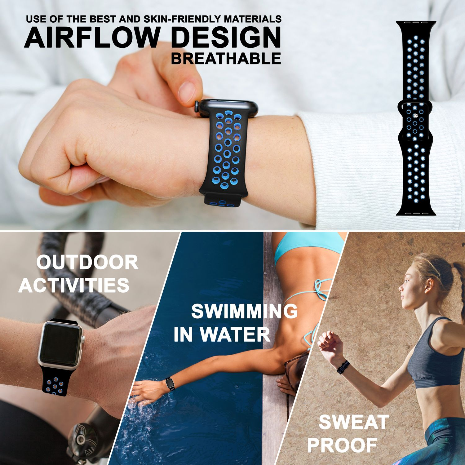 Smartwatch-Armband mit blau-schwarzen Punkten und Bilder für Outdoor-Aktivitäten, Schwimmen und Schweiß.