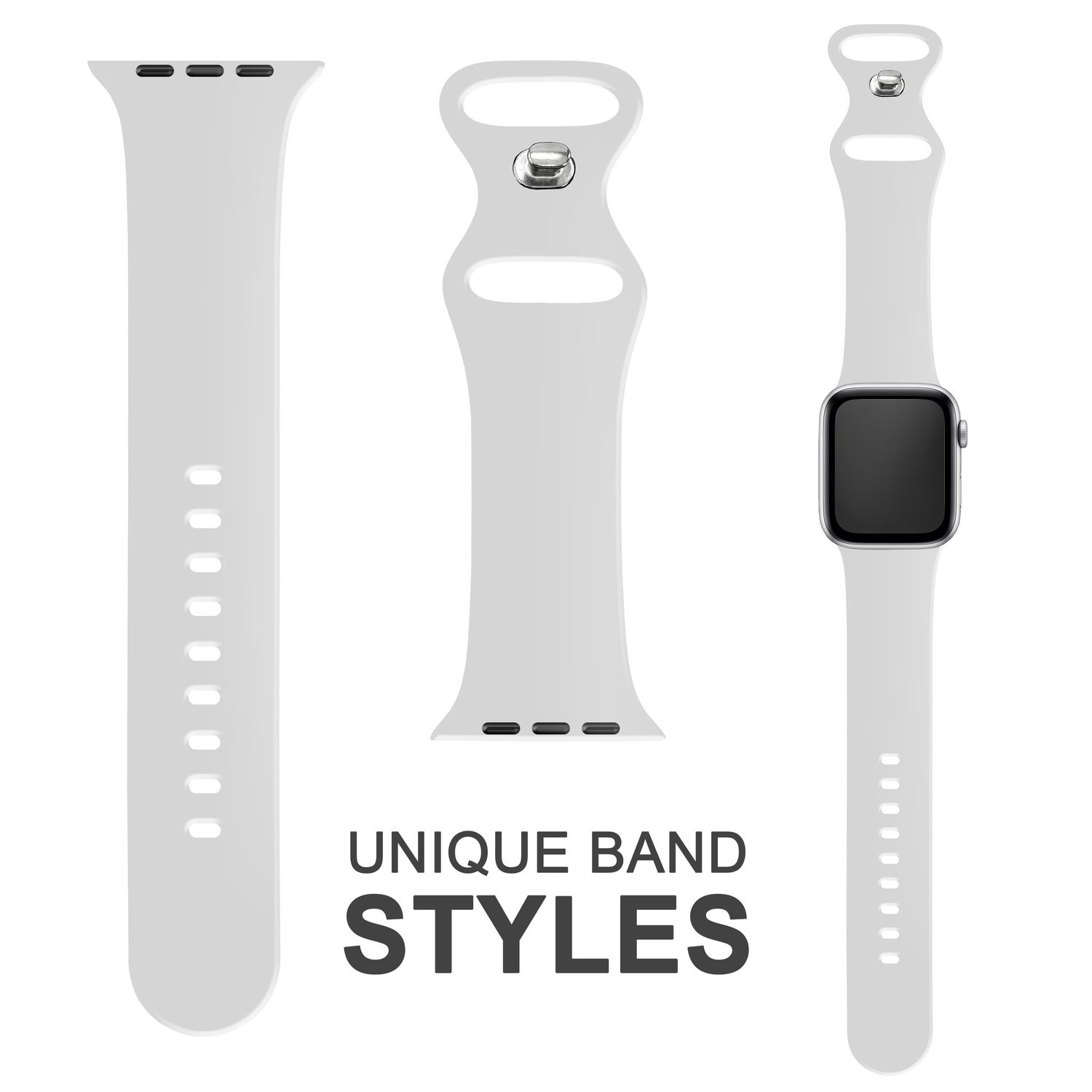 Drei weiße Apple Watch-Armbänder. Eines ist an einer Uhr befestigt. Text: Einzigartige Bandstile.
