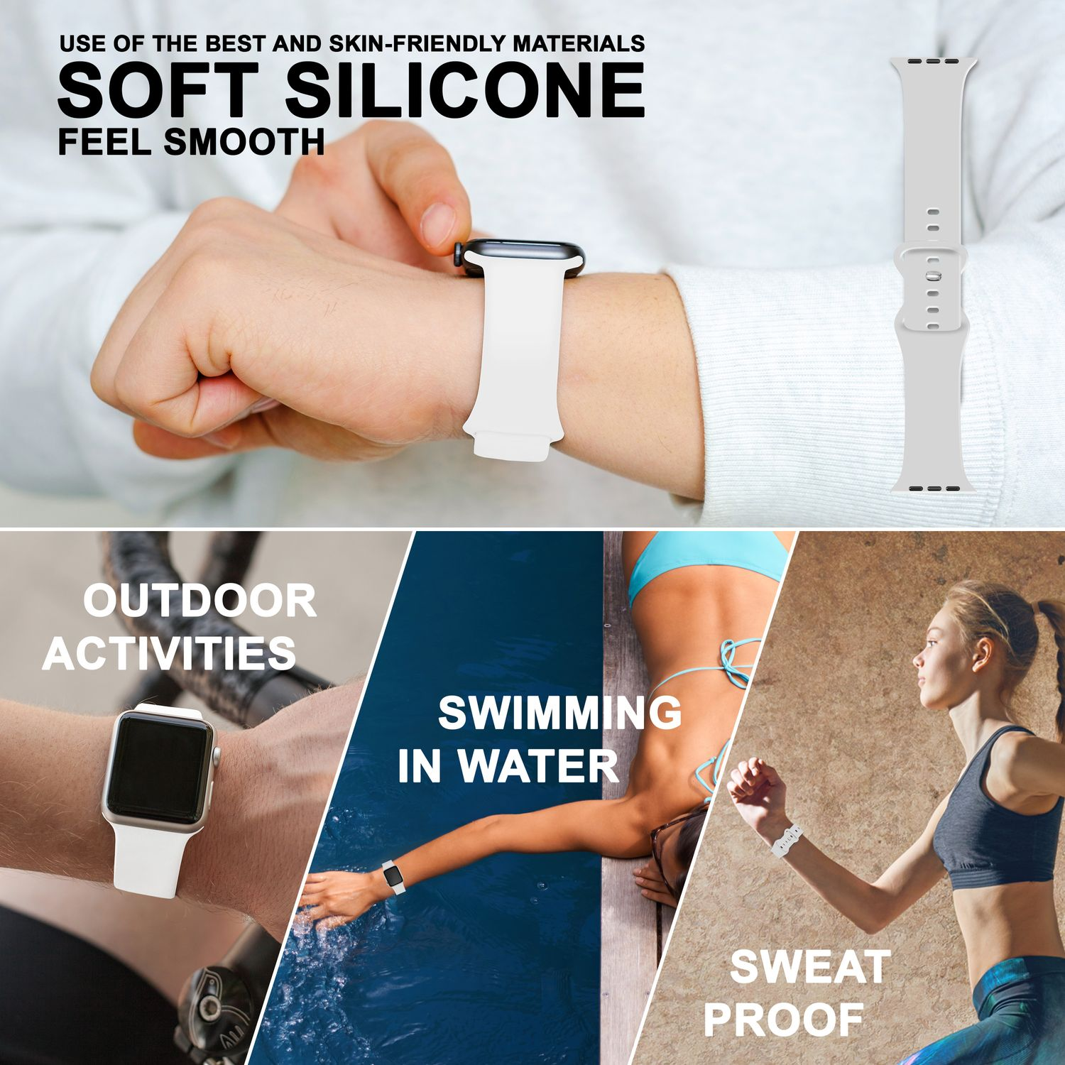 Mehrere Bilder einer Uhr mit weißem Armband, die Outdoor-, Schwimm- und schweißfeste Nutzung zeigen.