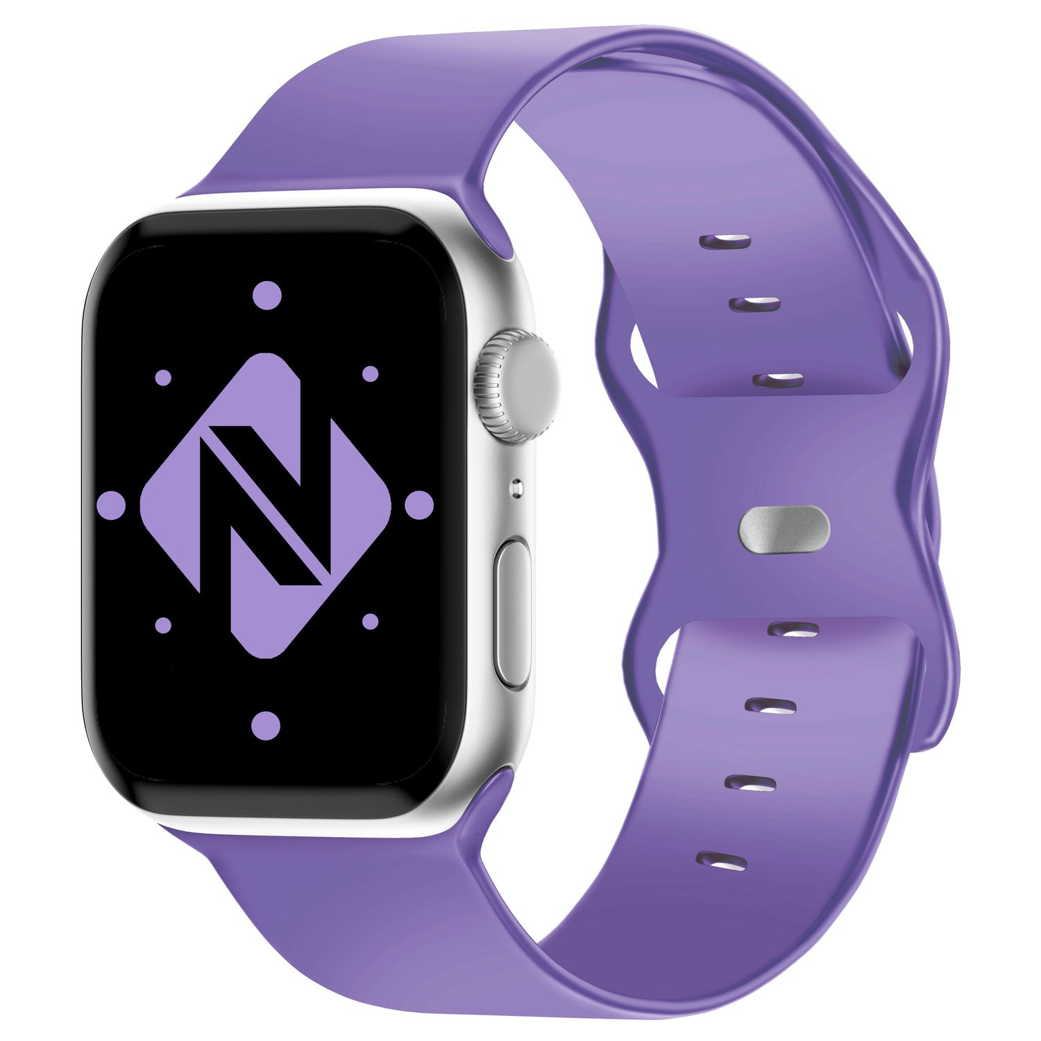 Smartwatch mit lila Armband. Die Uhr zeigt ein lila Logo auf schwarzem Hintergrund.