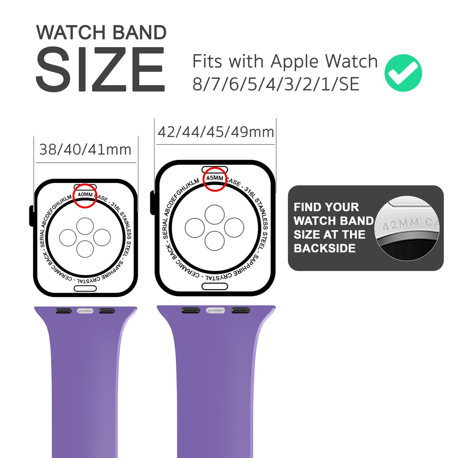Diagramm, das Armbandgrößen zeigt, mit Kompatibilität für Apple Watch und violettem Armband.