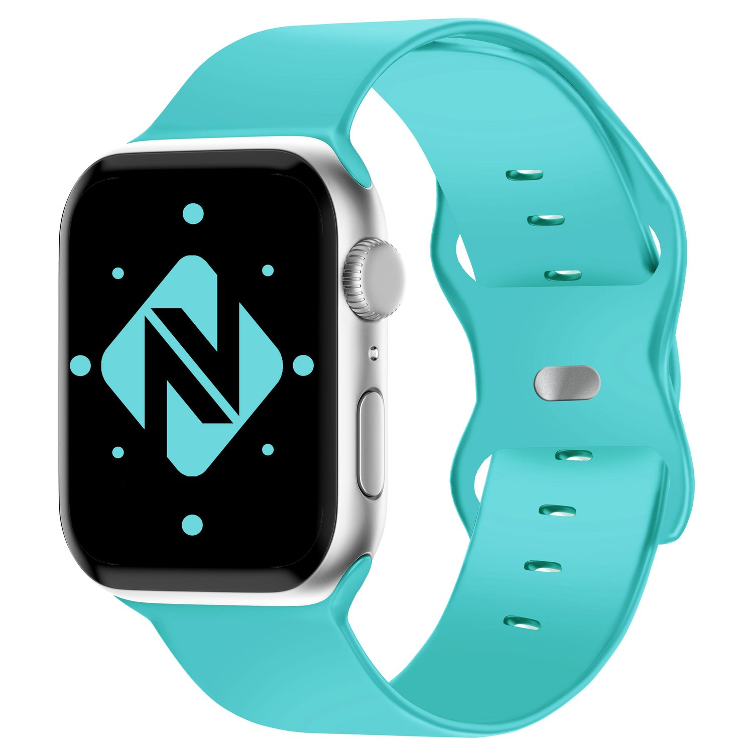 Smartwatch mit silbernem Gehäuse und türkisfarbenem Armband. Das Zifferblatt zeigt ein Logo.