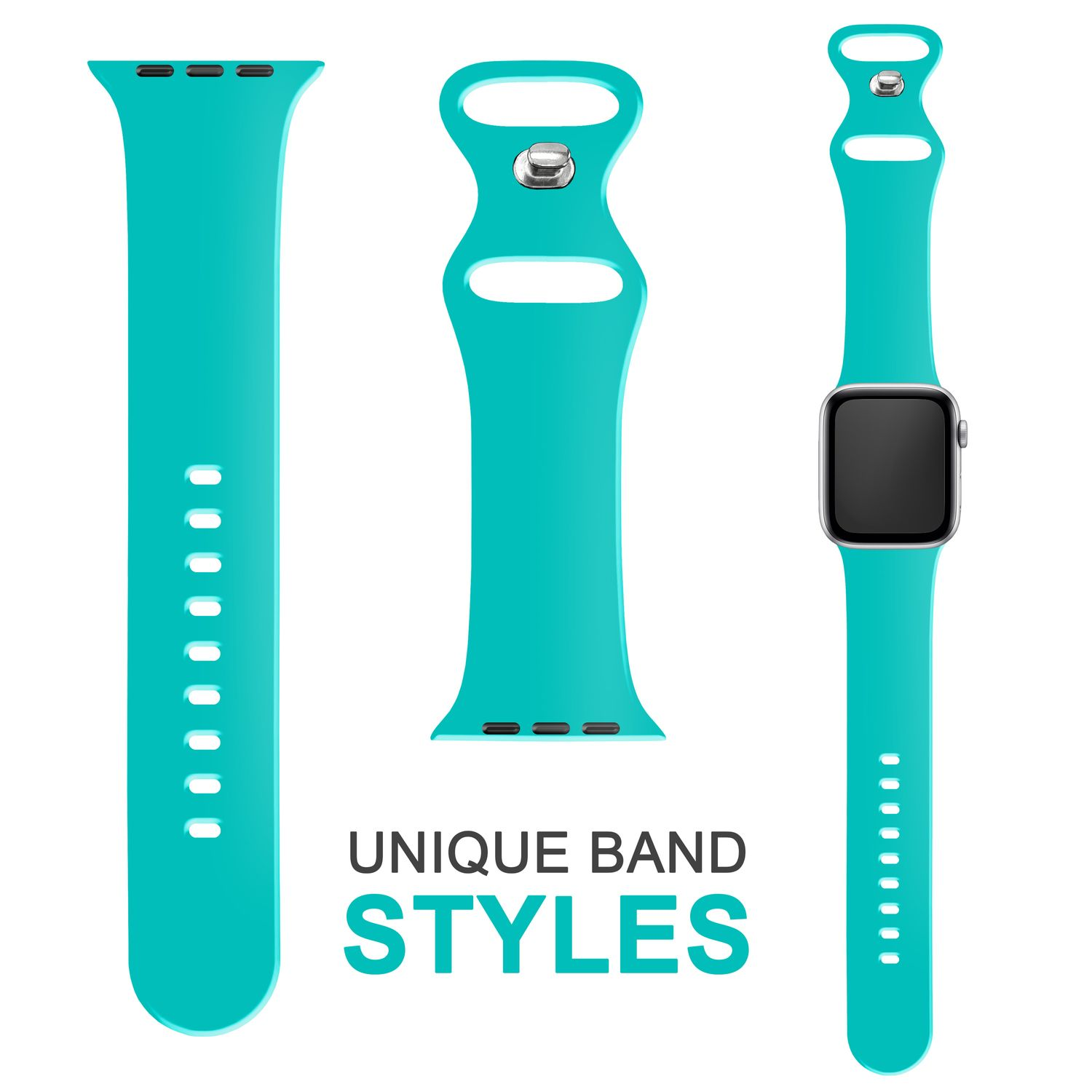 Drei türkisfarbene Uhrenarmbänder mit den Worten 'UNIQUE BAND STYLES' darunter.