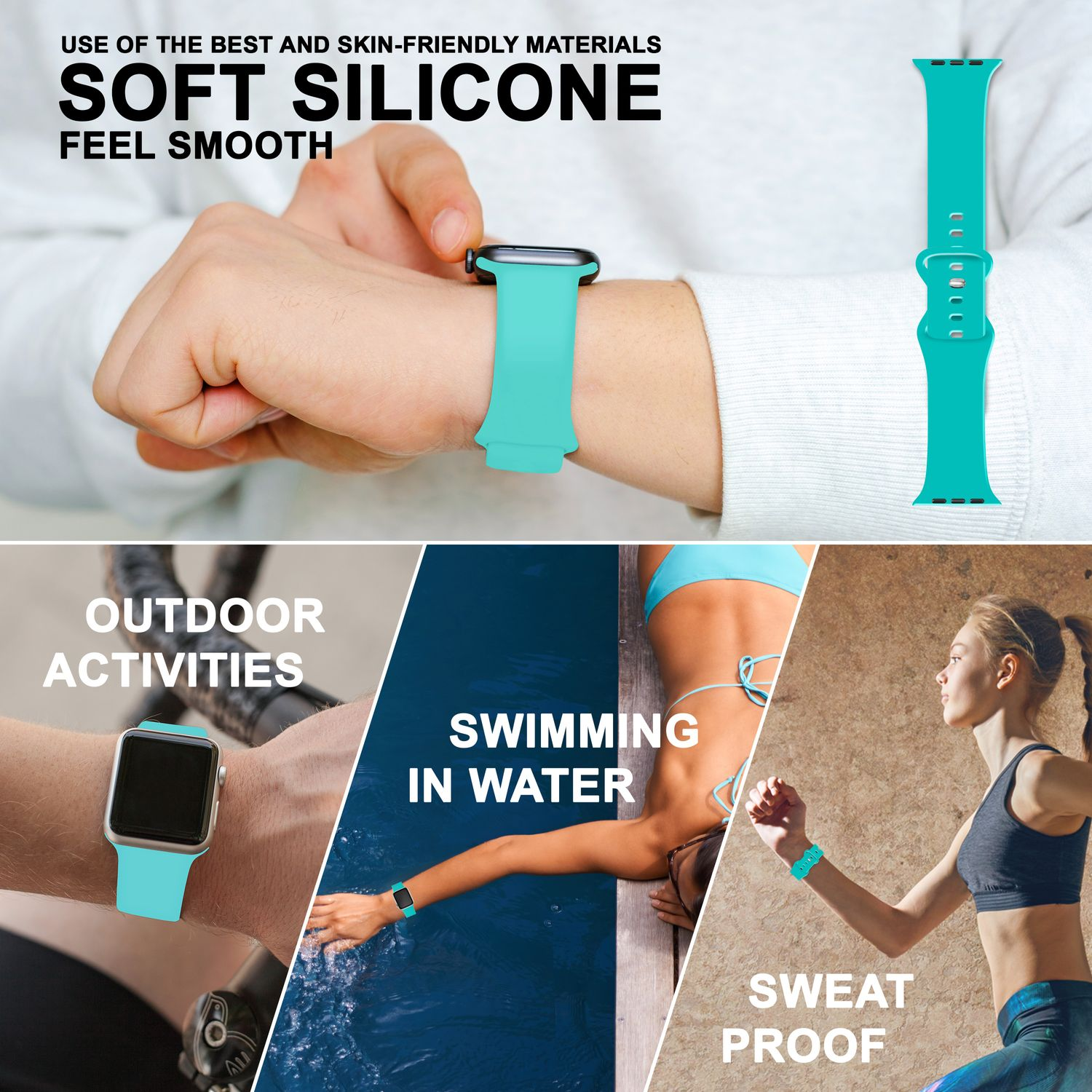 Verschiedene Szenarien einer Person, die ein türkisblaues Silikon-Uhrenarmband trägt: Outdoor, Schwimmen und schweißfest.
