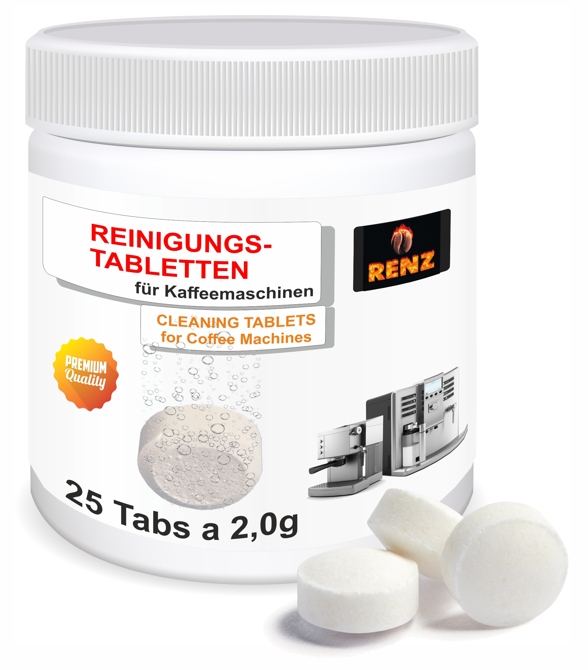 Weißer Behälter mit Reinigungstabletten für Kaffeemaschinen, Tabletten verstreut. Weißer Hintergrund.