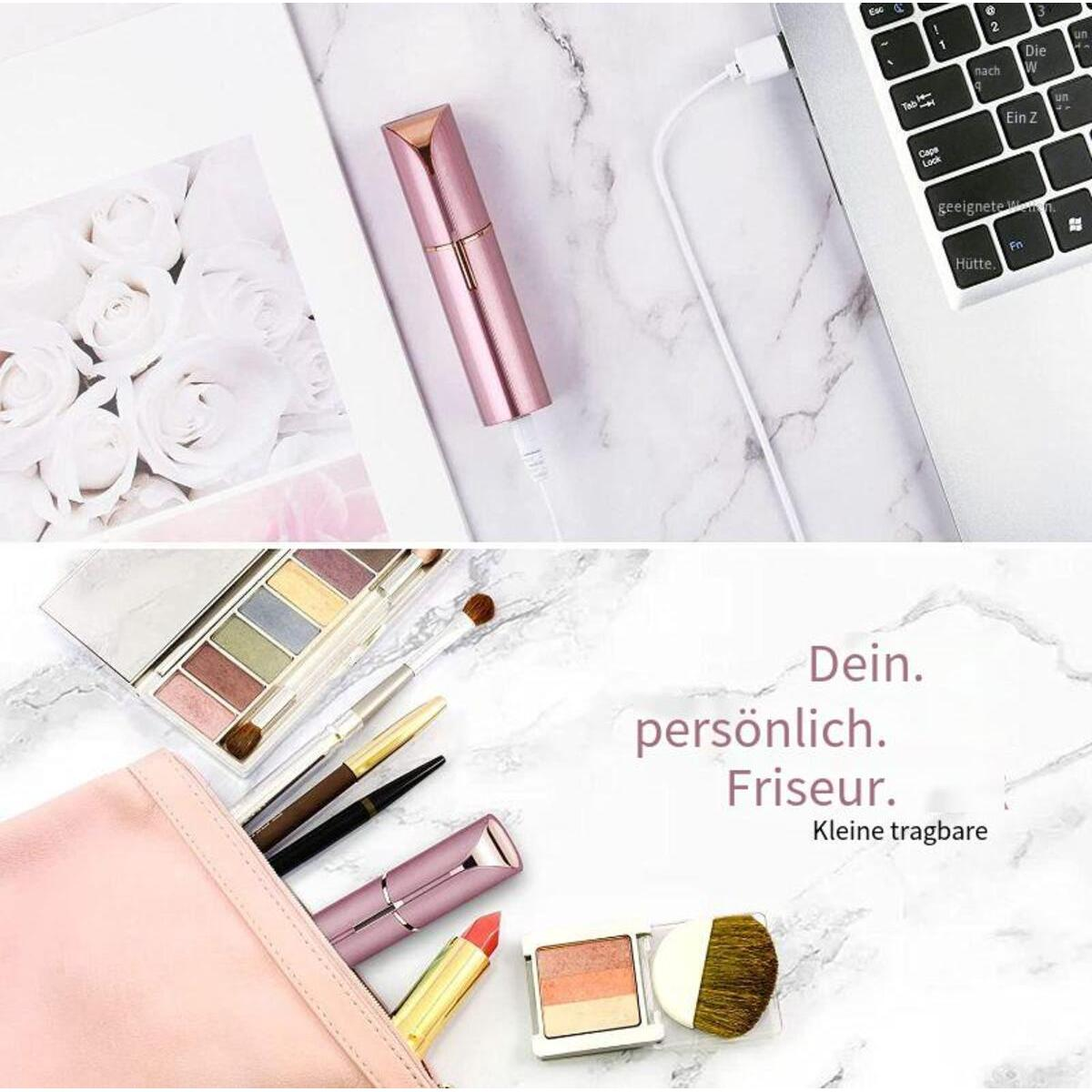 Ein pinkes, tragbares Beauty-Tool, das aufgeladen wird. Eine Make-up-Palette, Pinsel und eine Tasche sind in der Nähe.