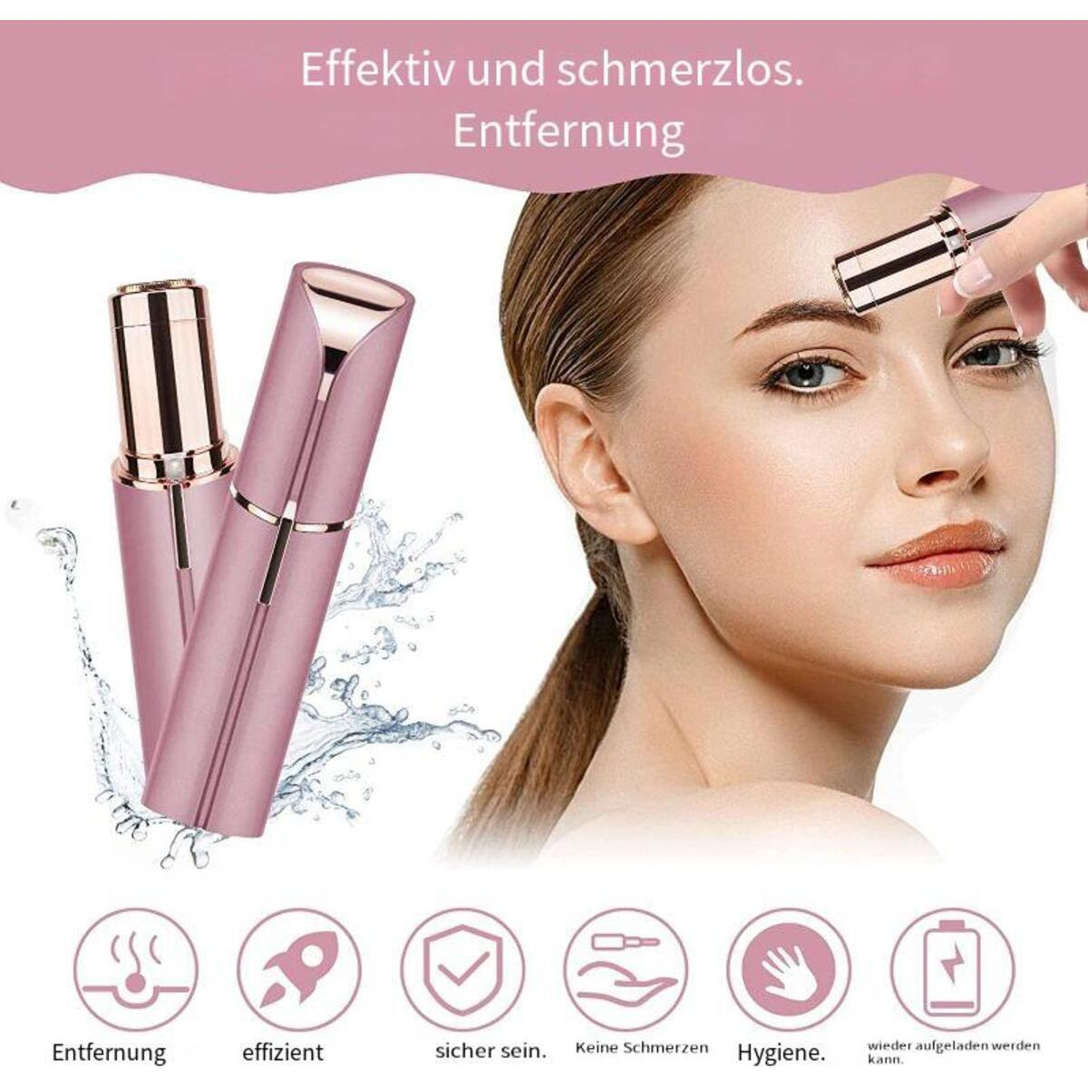 Frau entfernt unerwünschte Haare mit rosa Gerät. Zwei Geräte und Wasserspritzer im Bild.