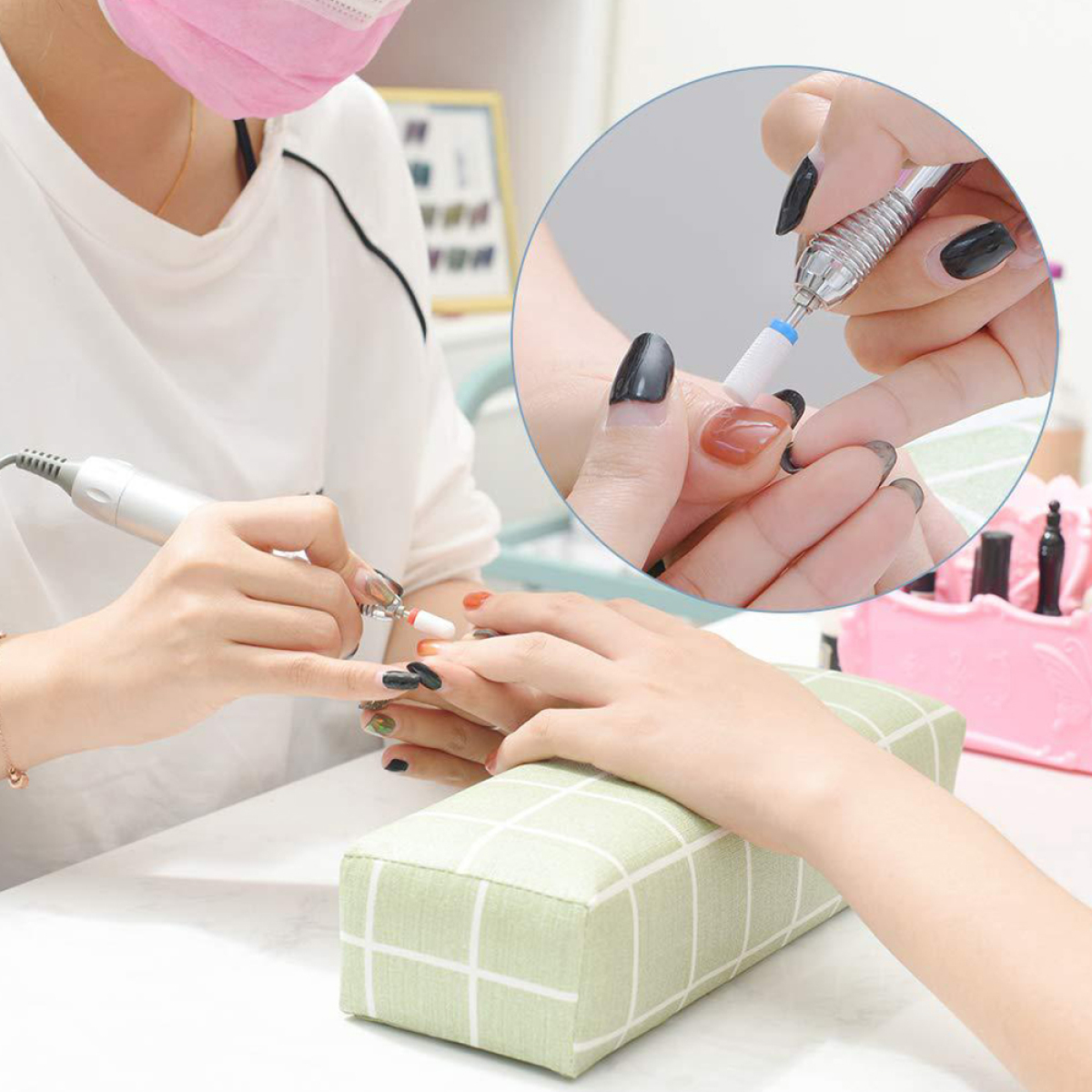 Nägel einer Person werden von einer Maniküristin bearbeitet. Detailaufnahme eines Nagelbohrers.