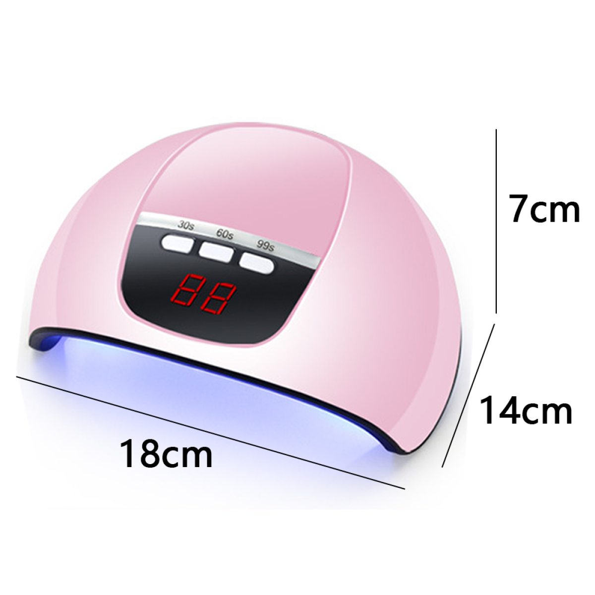 Rosa Nagellampe mit digitaler Anzeige, Maße sind angegeben.