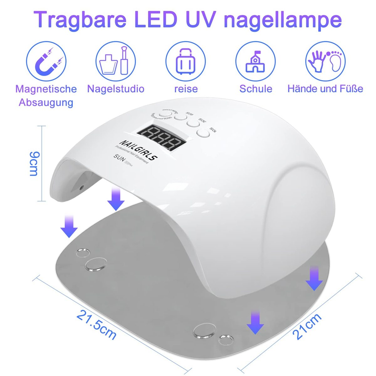 Eine weiße Nagellampe mit Digitalanzeige und einer Matte. Text und Pfeile zeigen Nagelstudio-Symbole.