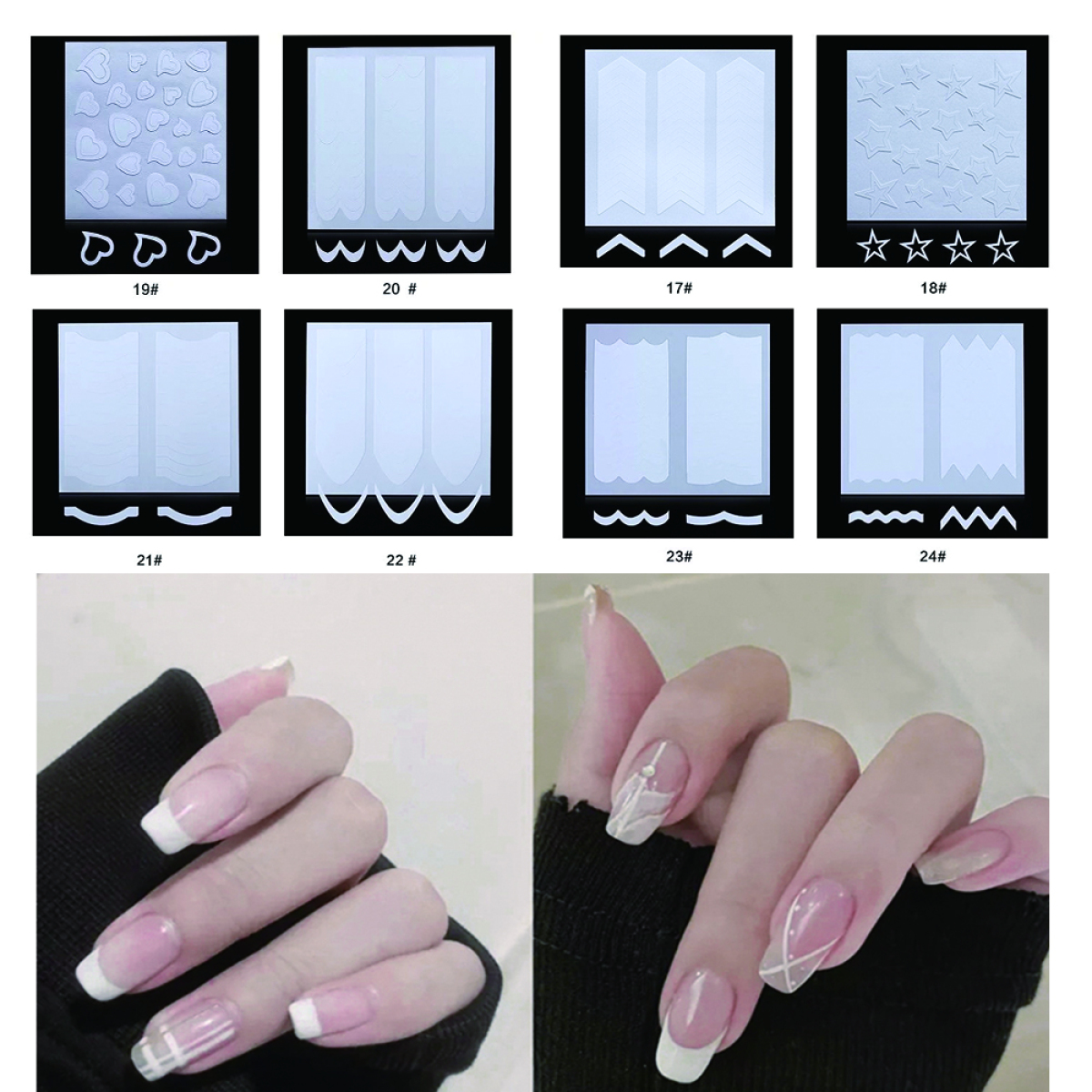 Verschiedene Nagelkunst-Abziehbilder in Reihen angeordnet, darunter ein Satz lackierter Nägel.