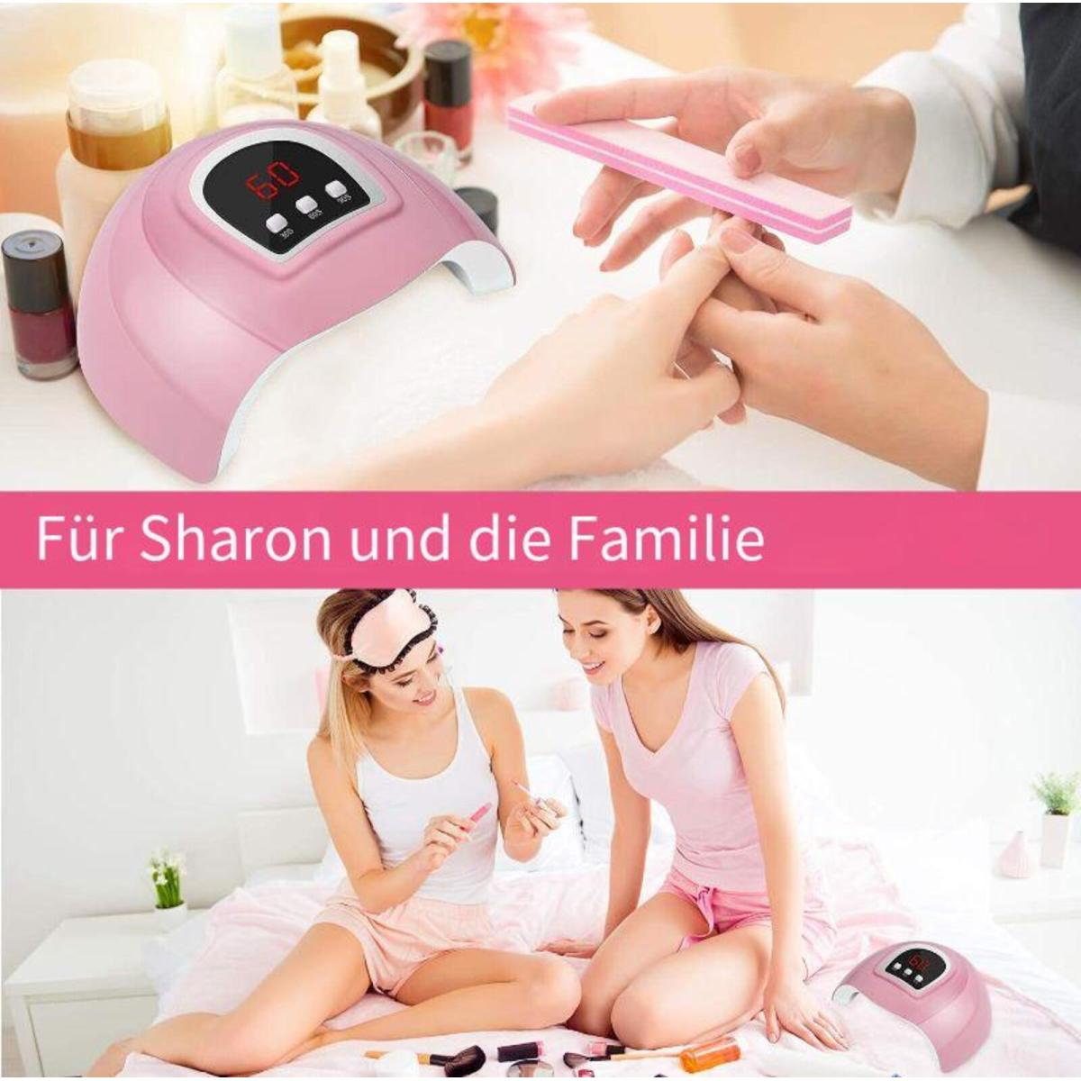 Frauen machen Nägel mit einer rosa Nagellampe. Text: Für Sharon und die Familie.